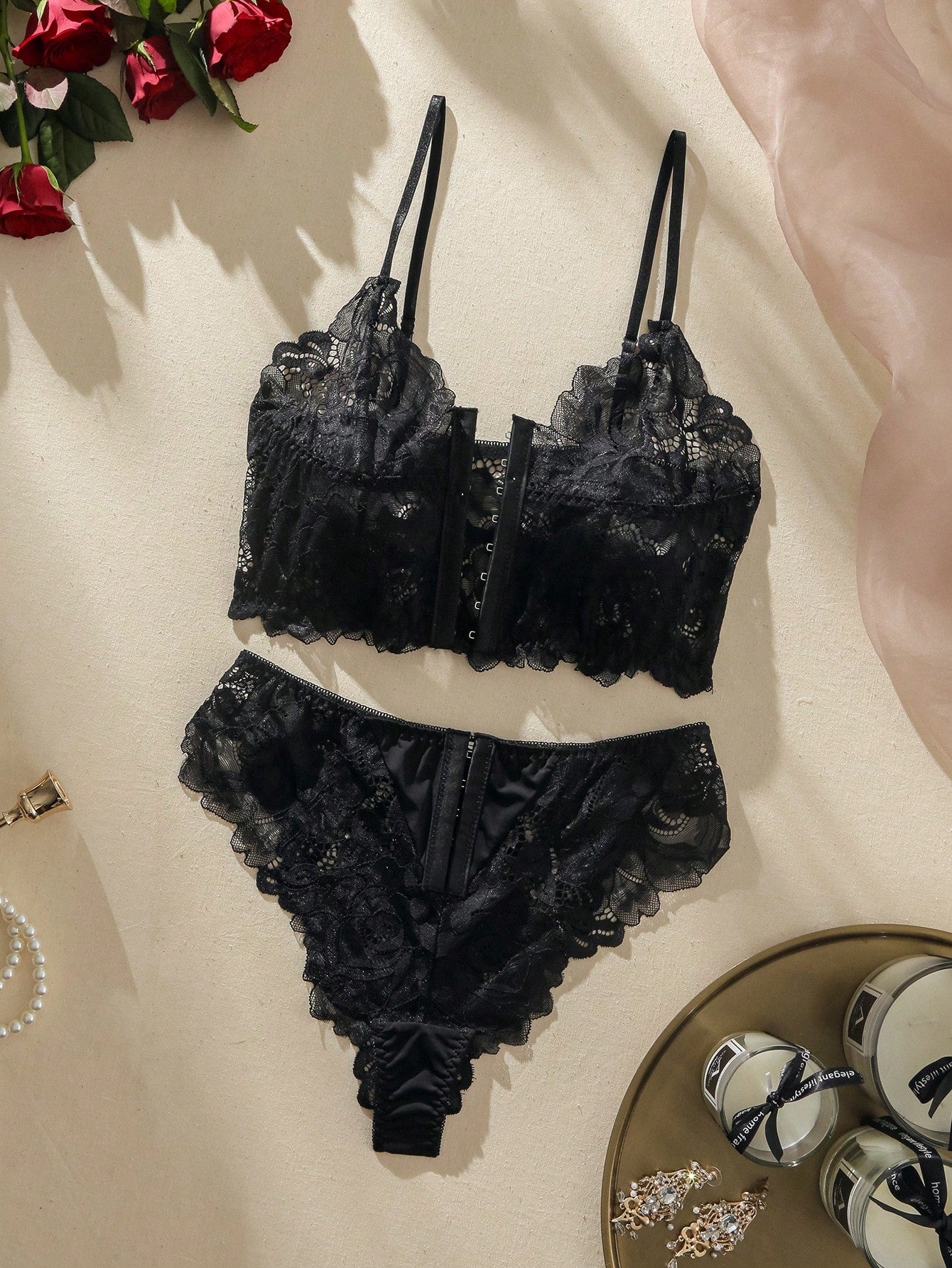 Floral Lace Hook And Eye Lingerie Set