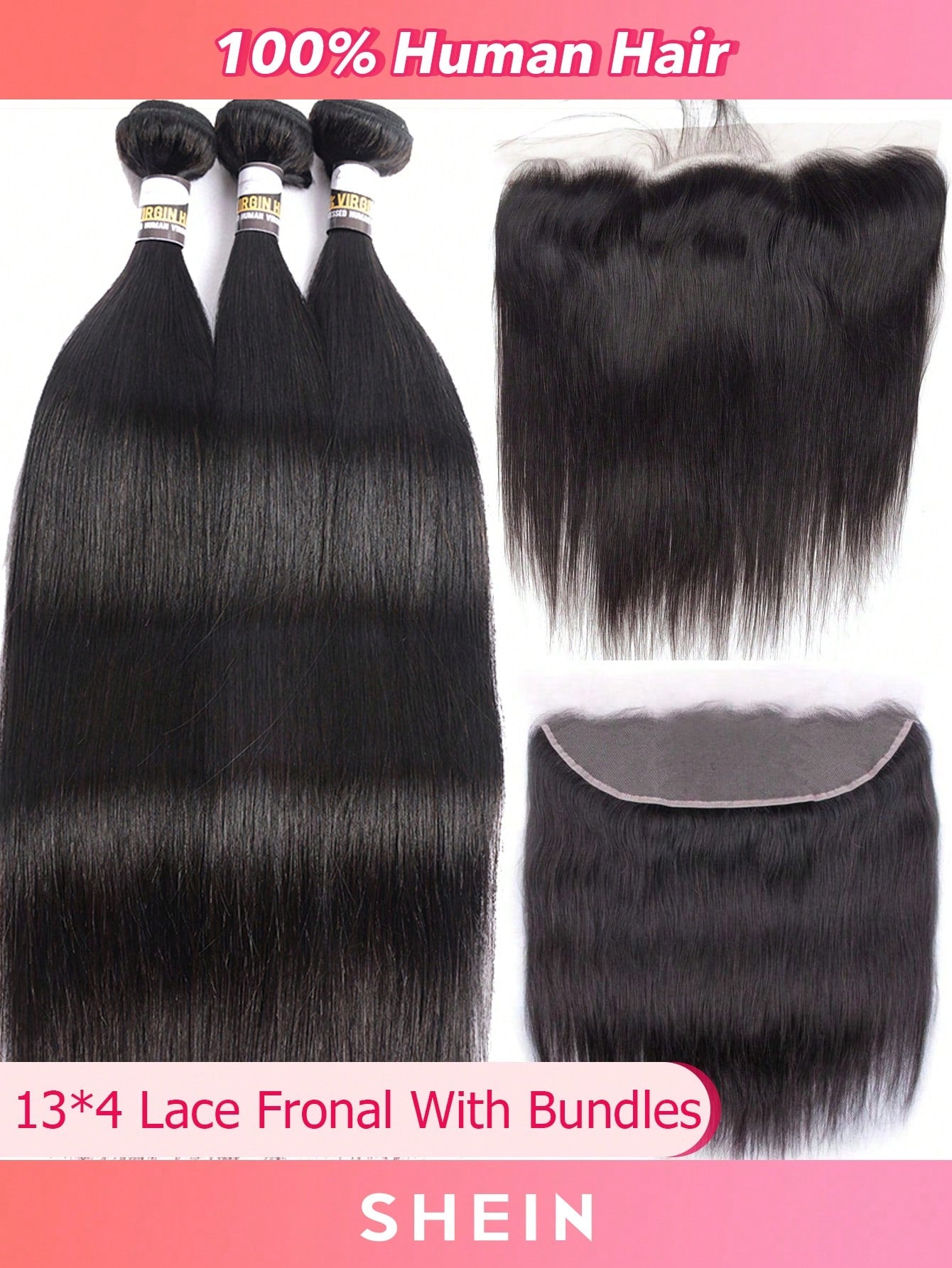 3pcs Straight Bundles With 13 X 4 Lace Frontal Natural Black Virgin Human Hair Hair Extension Human Hair Bundles Extension 30 Inch