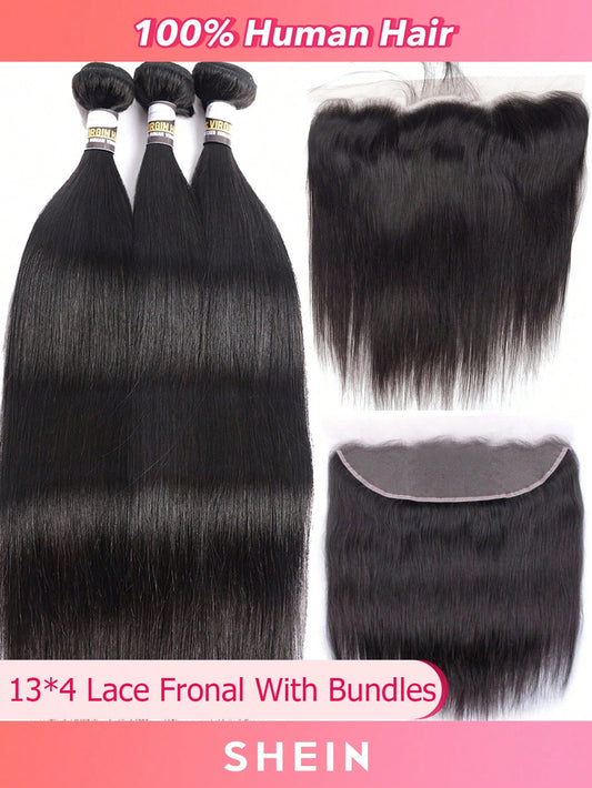 3pcs Straight Bundles With 13 X 4 Lace Frontal Natural Black Virgin Human Hair Hair Extension Human Hair Bundles Extension 30 Inch
