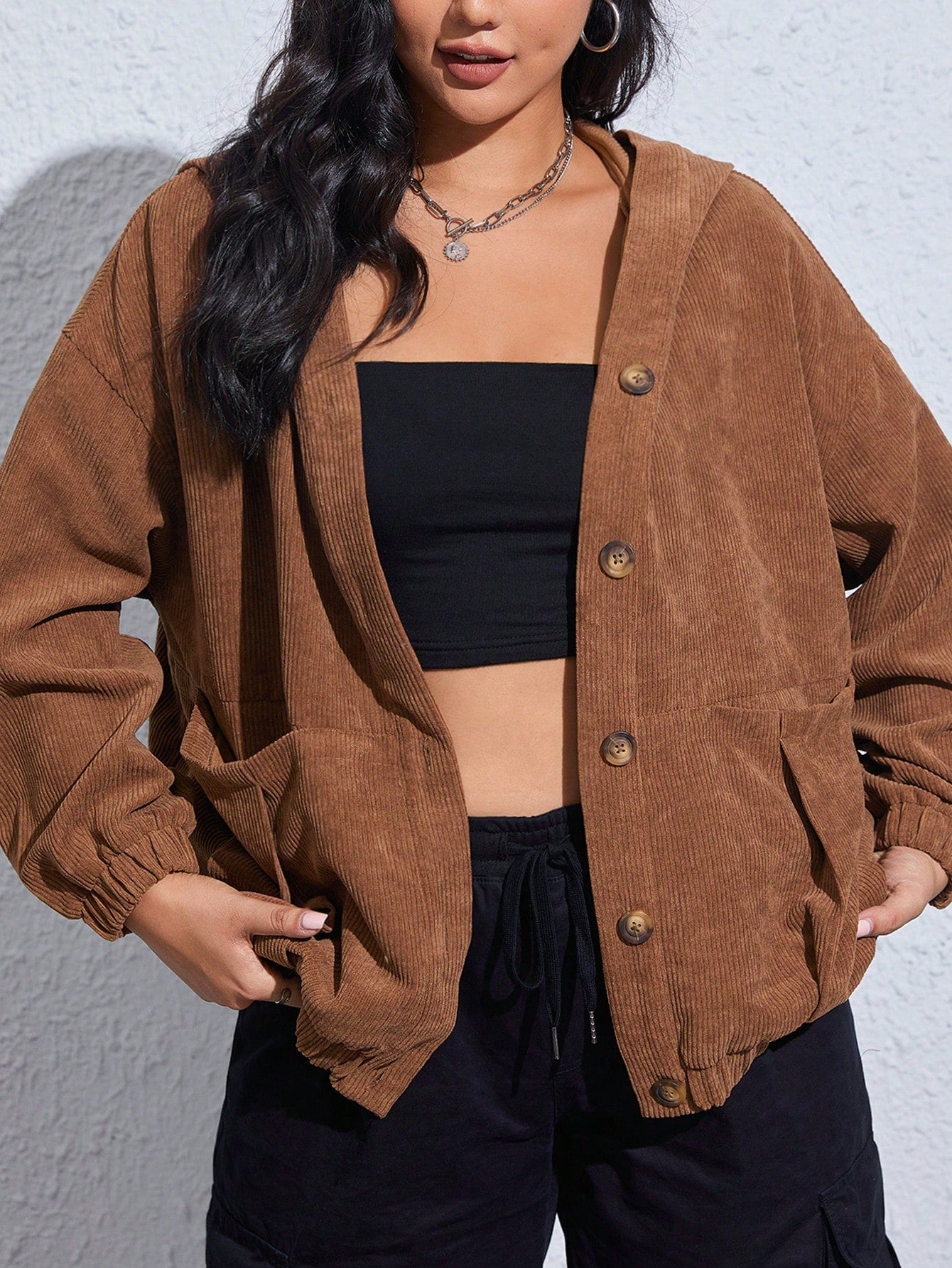 EZwear Plus Drop Shoulder Hooded Corduroy Jacket