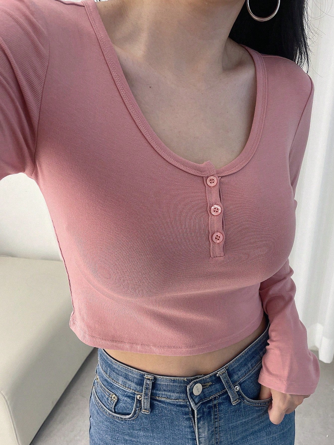 DAZY Solid Button Front Crop Tee