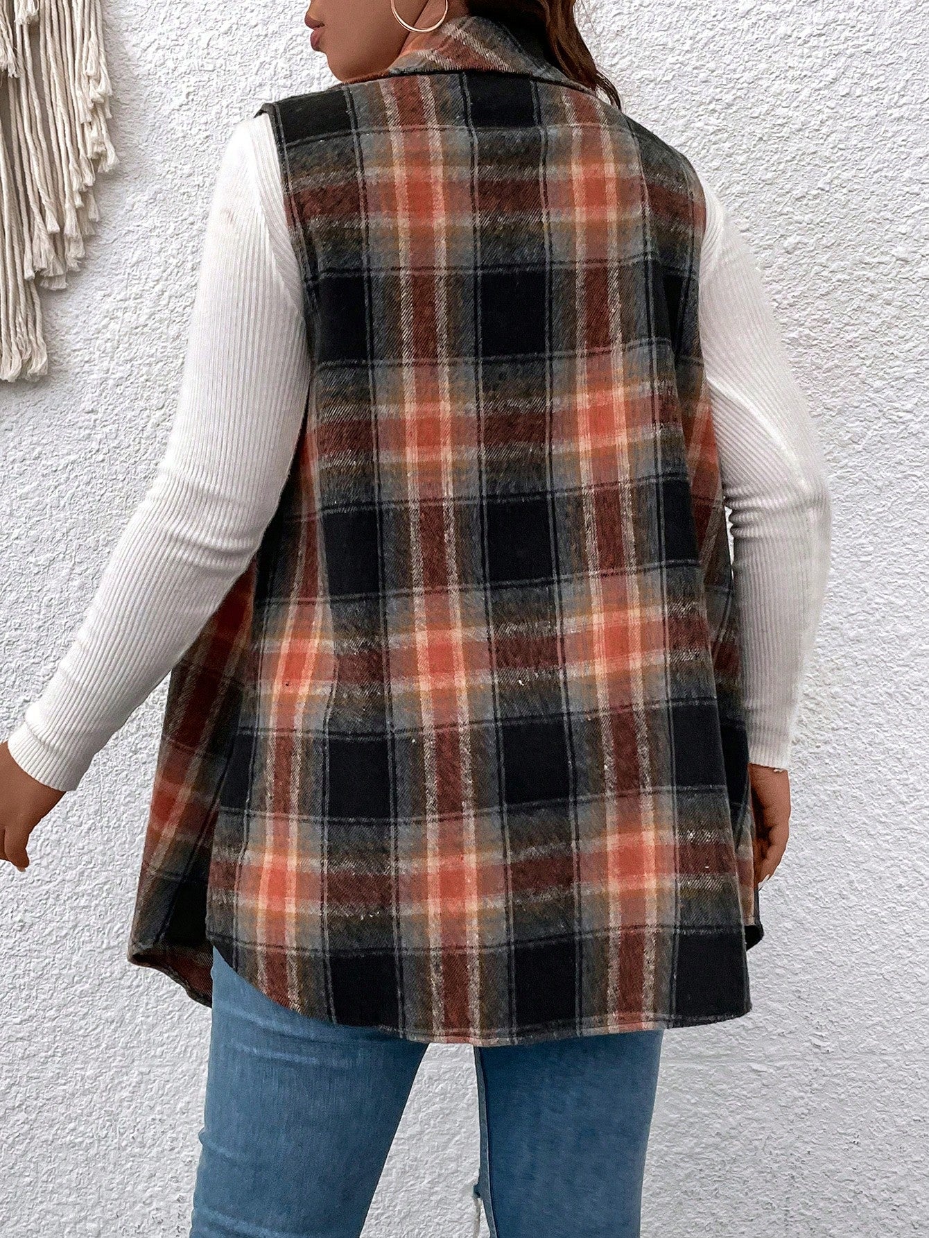 LUNE Plus Plaid Print Flap Detail Vest Coat