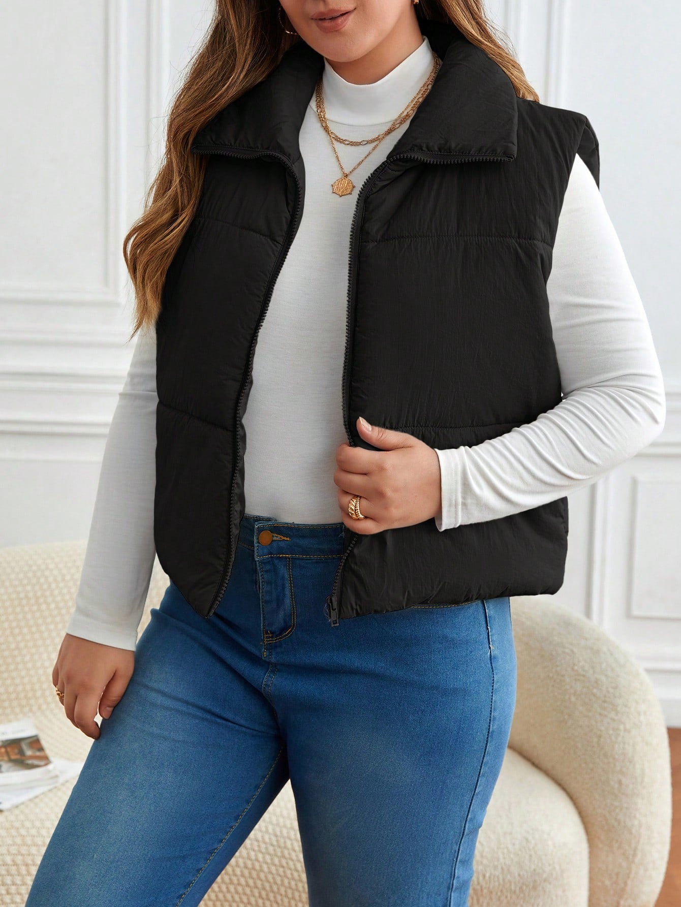 Frenchy Plus Zip Up Vest Puffer Coat