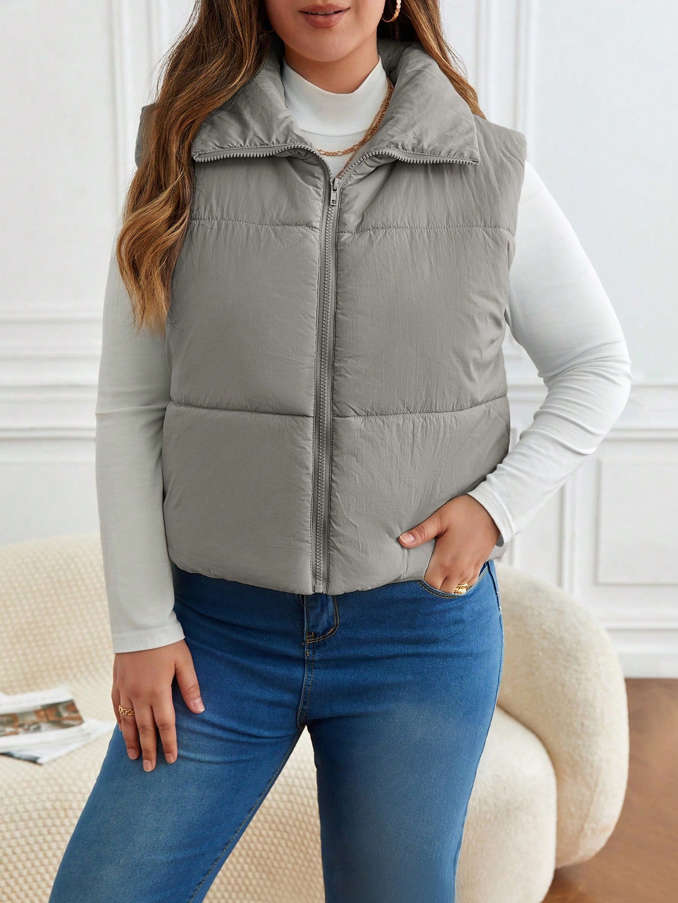 Frenchy Plus Zip Up Vest Puffer Coat