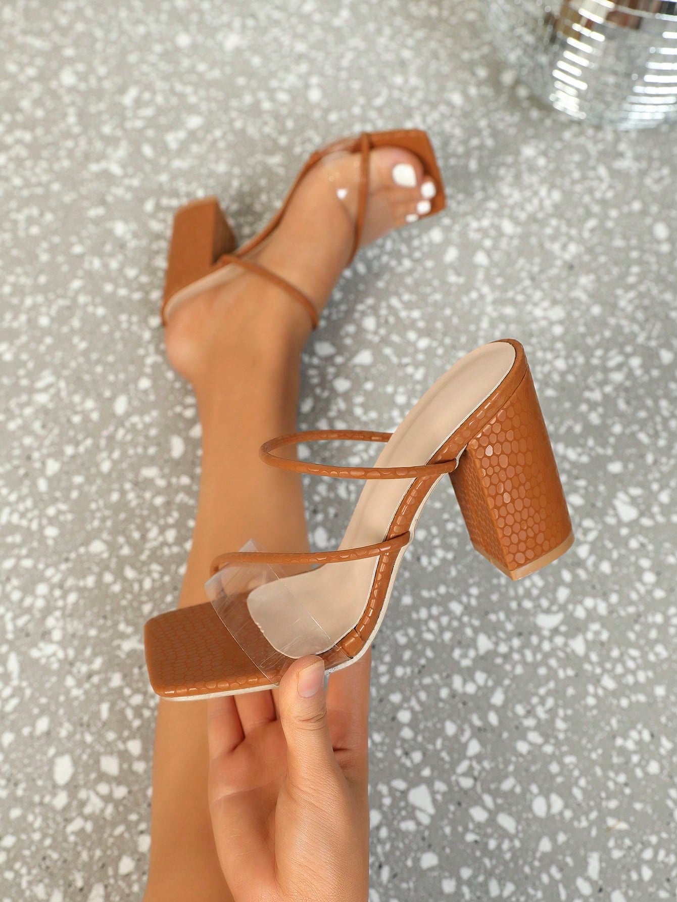 Women's Apricot High-heeled Slippers,fashion Square Toe Chunky High-heeled Sandals With Clear Strap, Soft Leather, Comfortable And Versatile