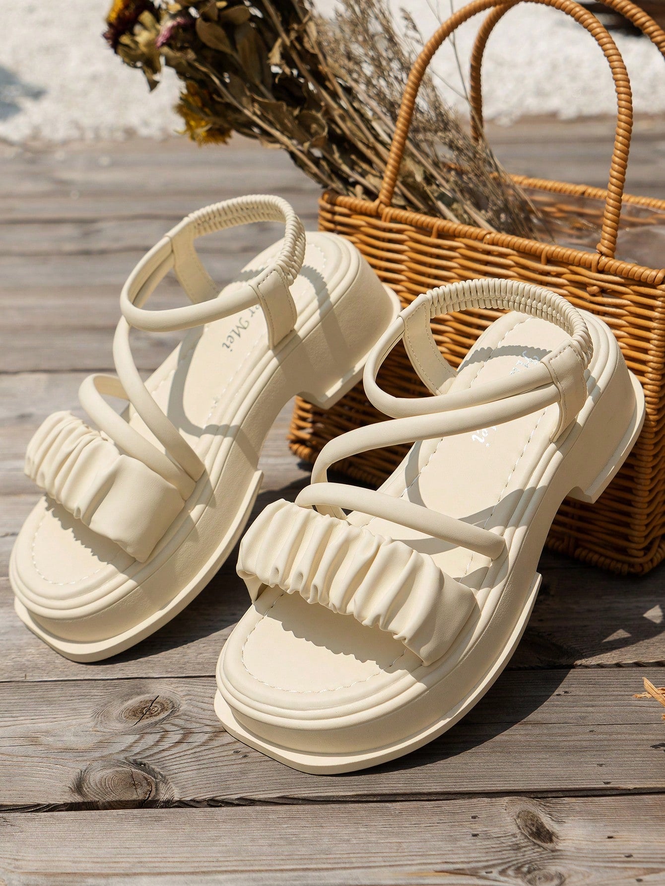 Elegant Slingback Wedge Sandals For Women, Ruched Detail Flatform Sandals