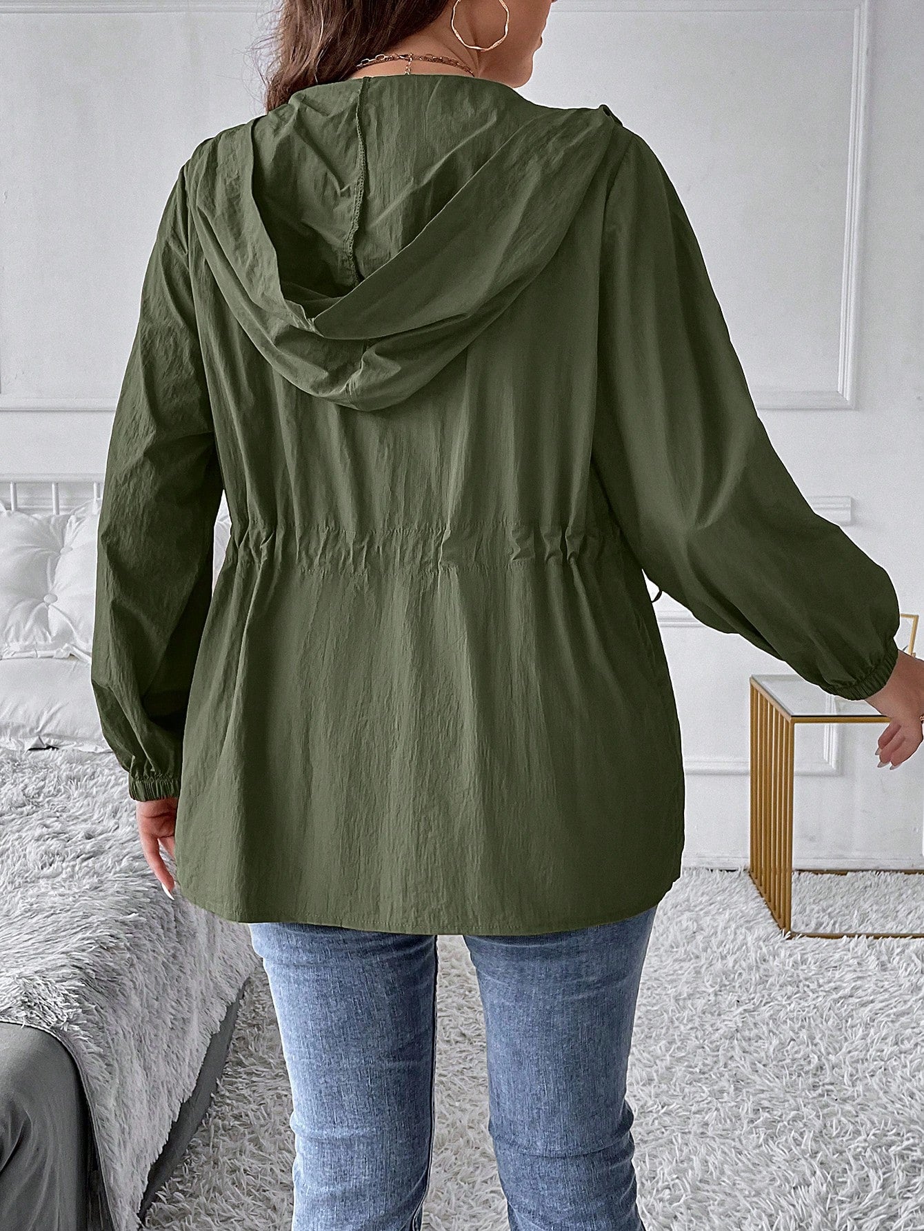 LUNE Plus Drawstring Waist Zip Up Hooded Coat