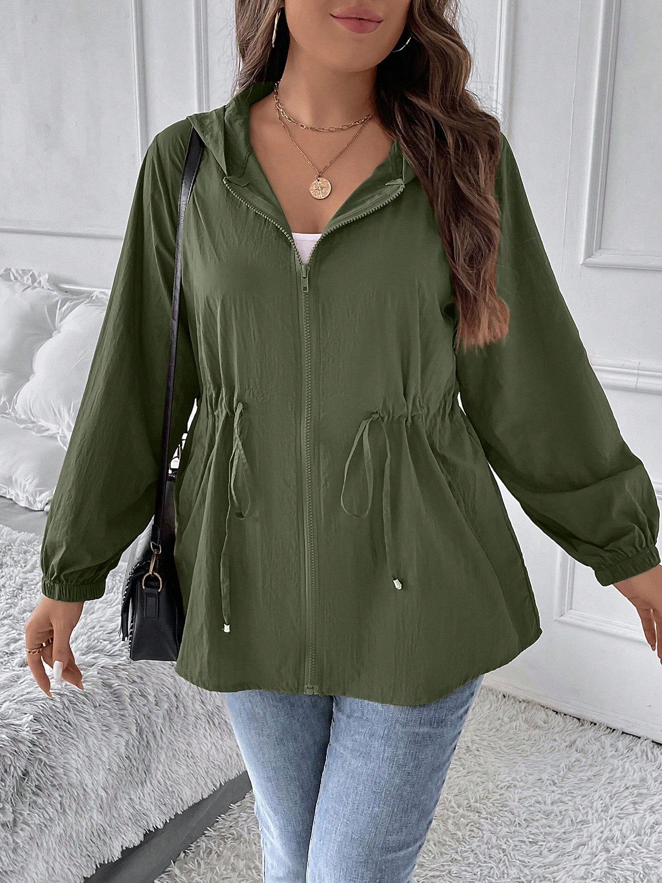 LUNE Plus Drawstring Waist Zip Up Hooded Coat