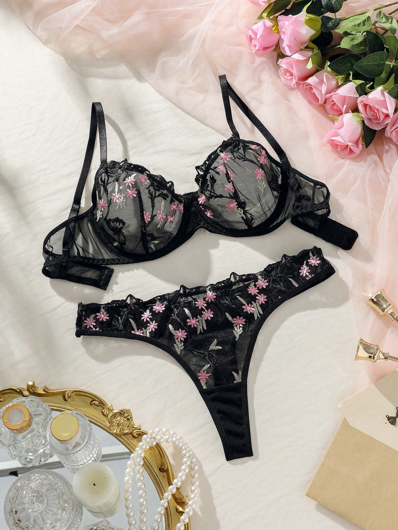 Floral Embroidery Mesh Underwire Lingerie Set