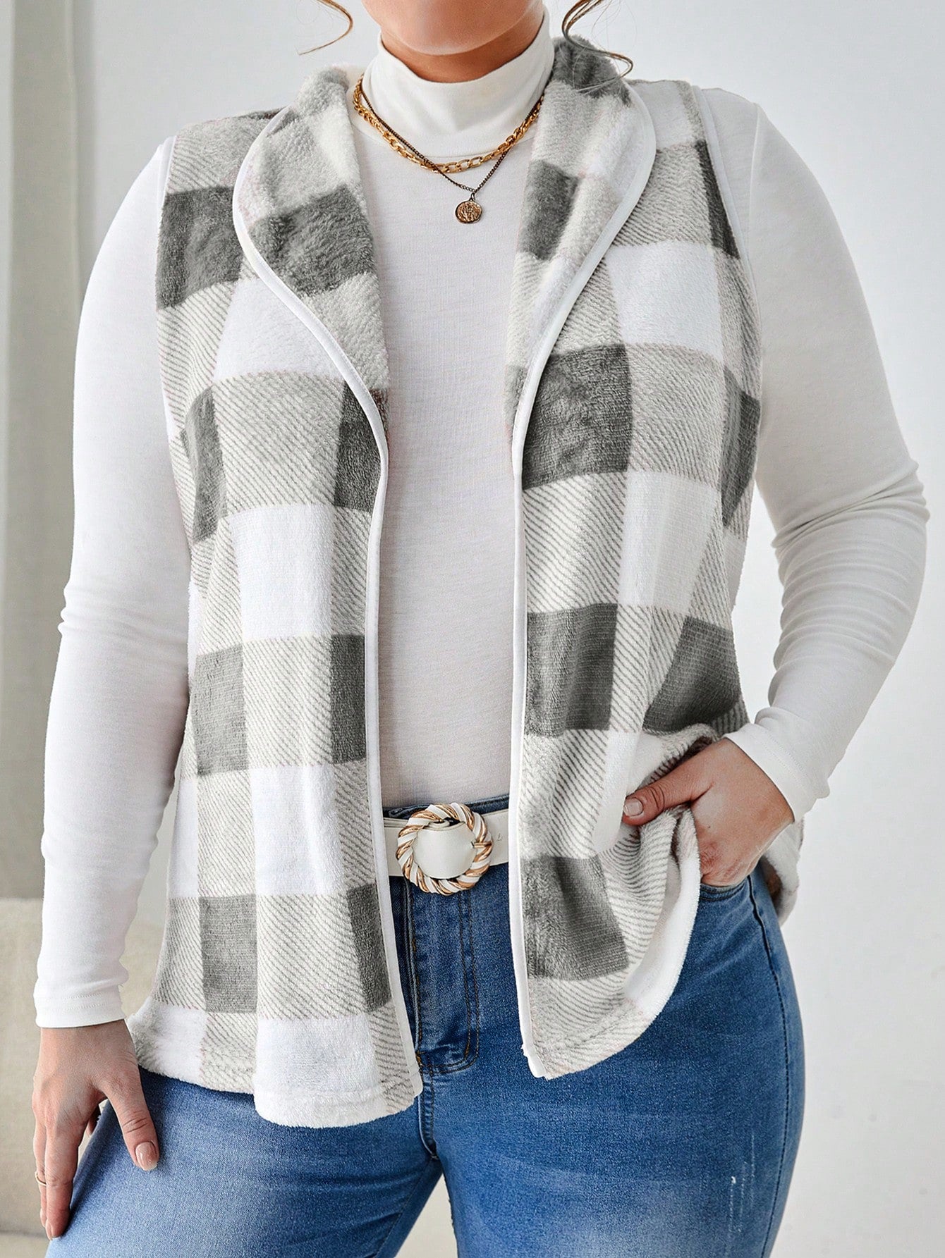 LUNE Plus Buffalo Plaid Print Open Front Vest Coat Without Tee