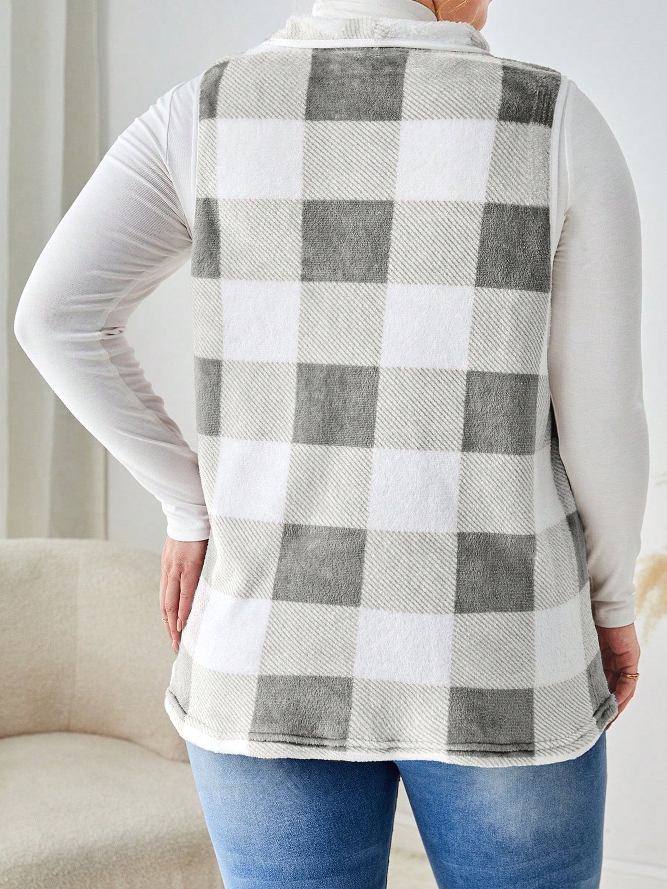 LUNE Plus Buffalo Plaid Print Open Front Vest Coat Without Tee