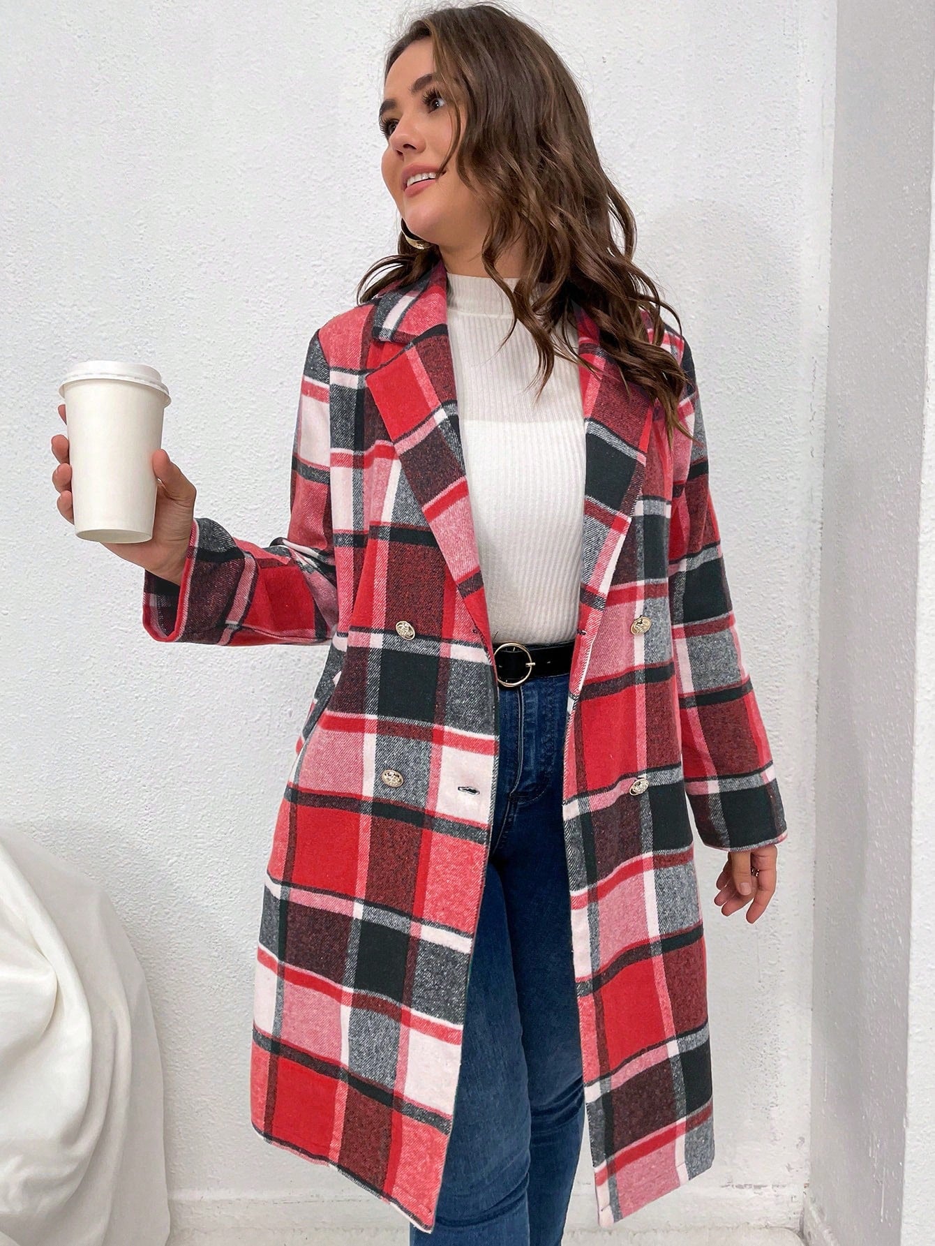 Plus Plaid Lapel Neck Double Breasted Overcoat