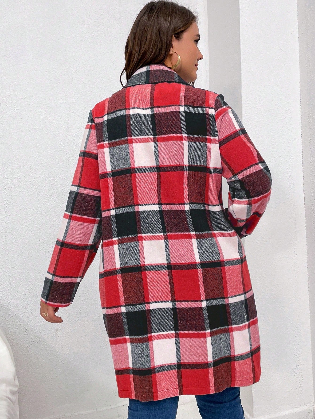 Plus Plaid Lapel Neck Double Breasted Overcoat