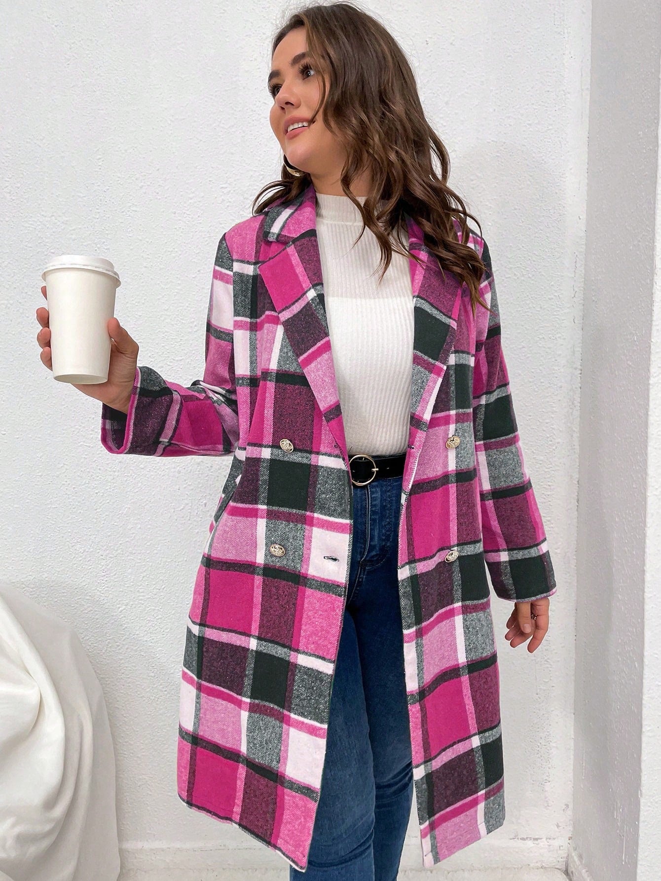 Plus Plaid Lapel Neck Double Breasted Overcoat