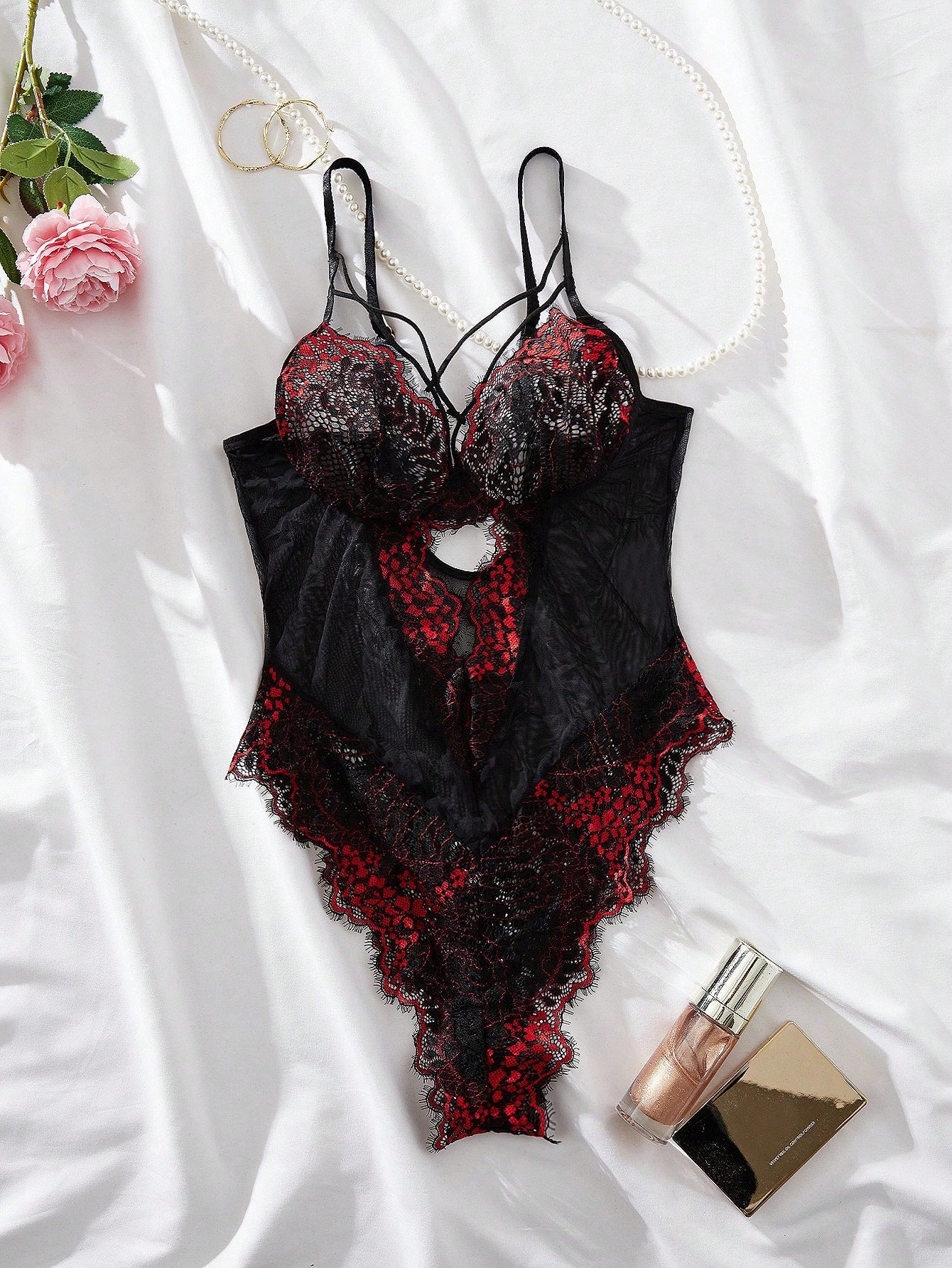 Contrast Lace Harness Underwire Teddy Bodysuit