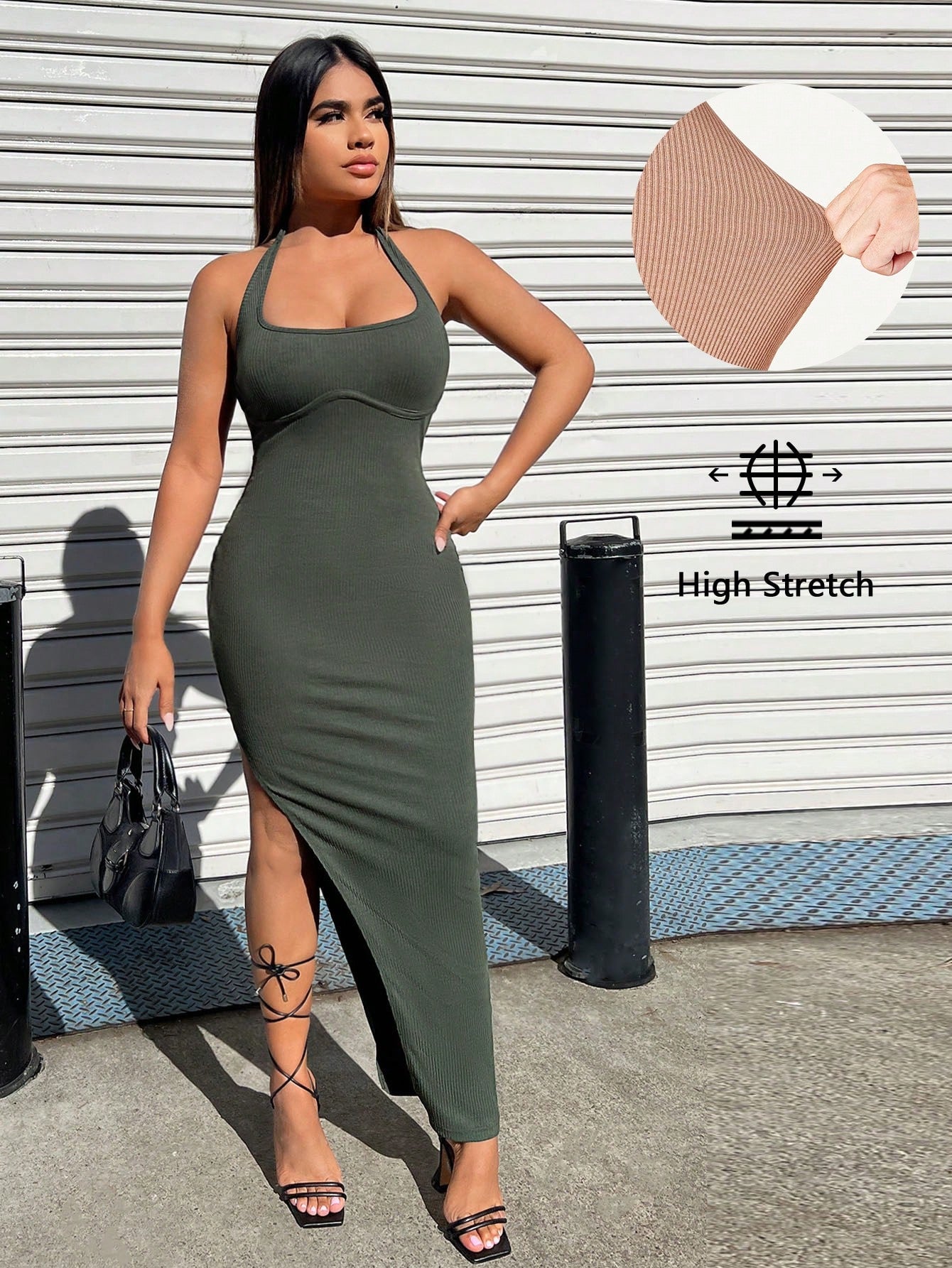 SXY Solid Split Thigh Halter Neck Backless Bodycon Dress