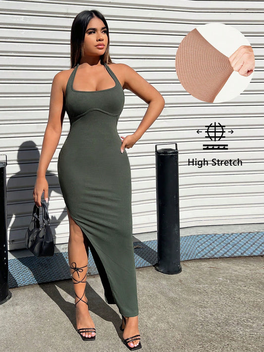 SXY Solid Split Thigh Halter Neck Backless Bodycon Dress