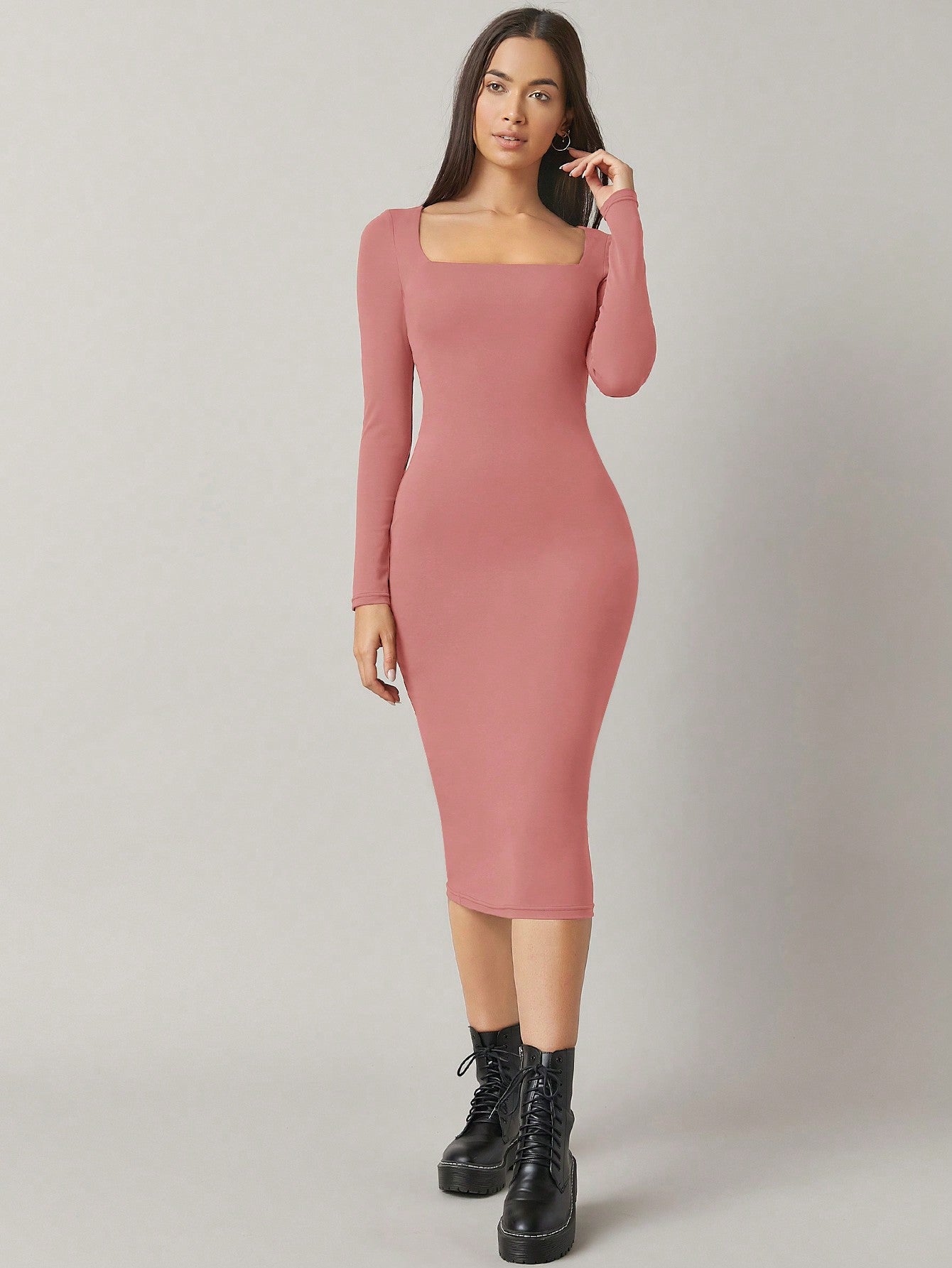 BASICS Square Neck Solid Bodycon Dress
