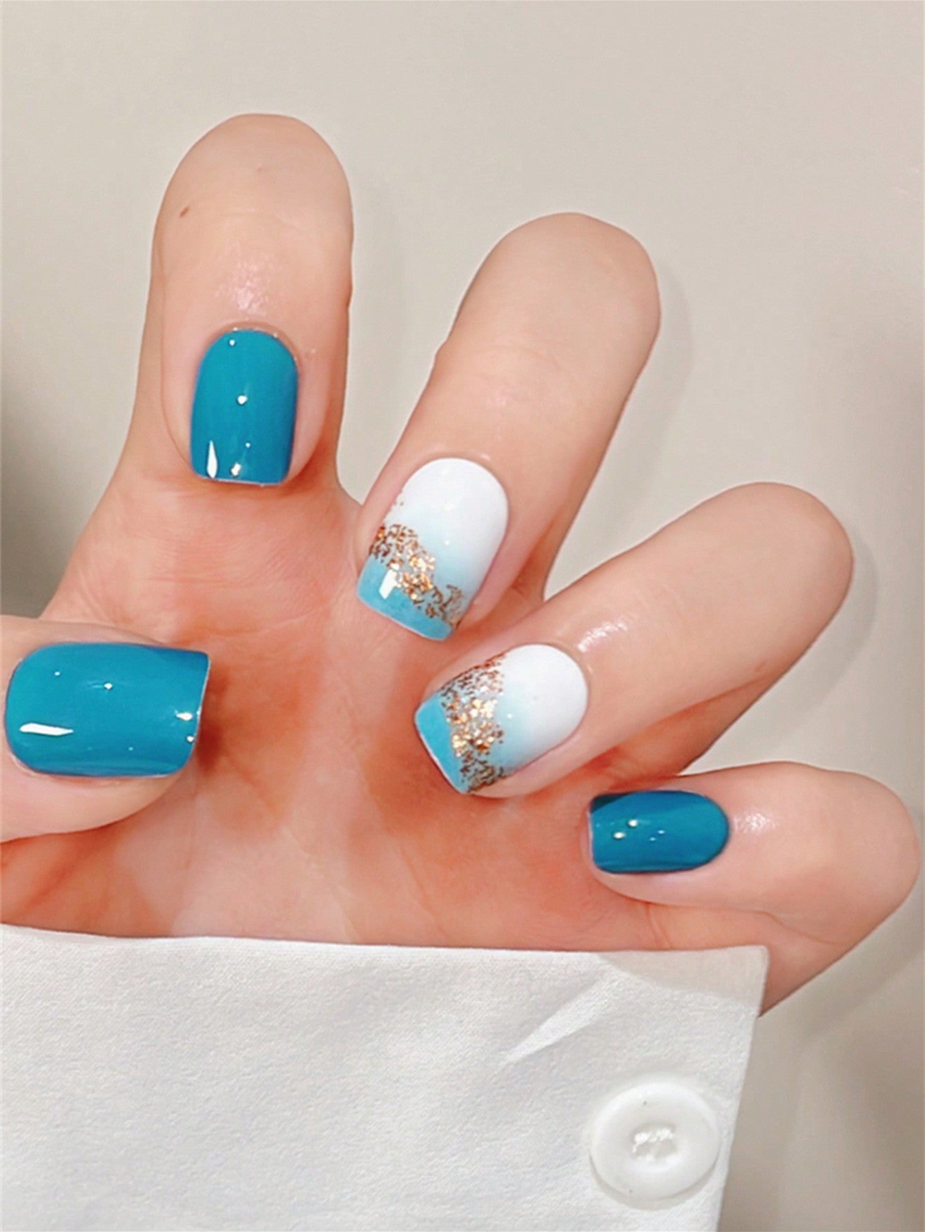 Transform Your Nails with 24pcs Short Square Turquoise Ombre Glitter Marble Print Fake Nail & 1sheet Tape & 1pc Nail File