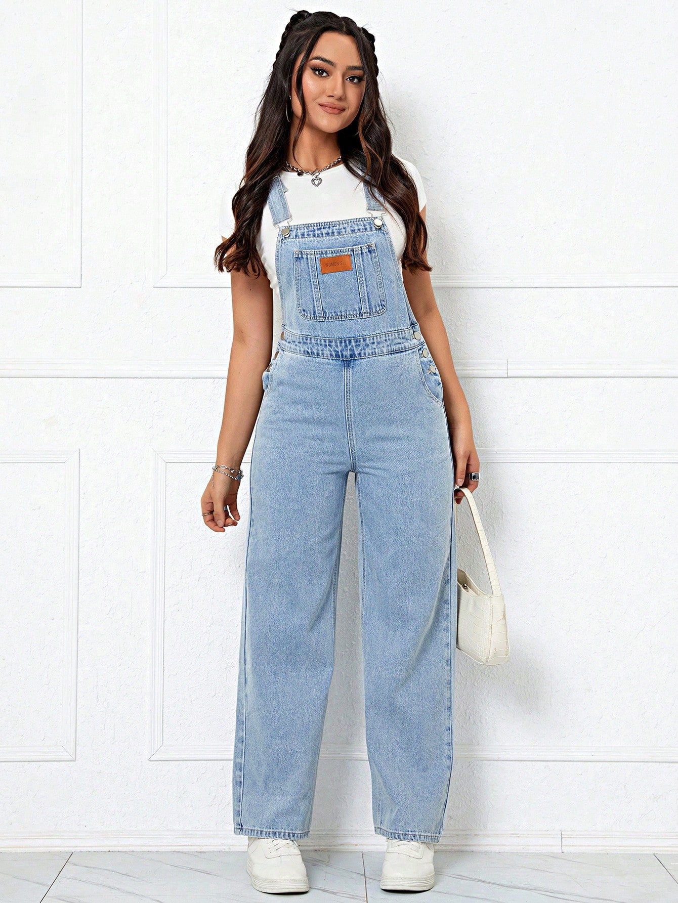 Patched Detail Denim Overalls Without Tee