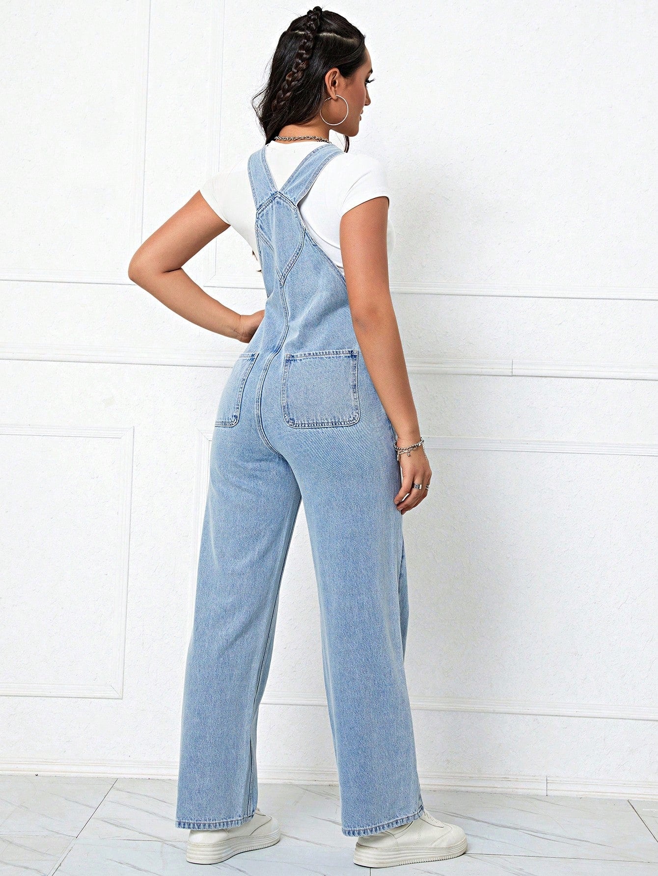 Patched Detail Denim Overalls Without Tee
