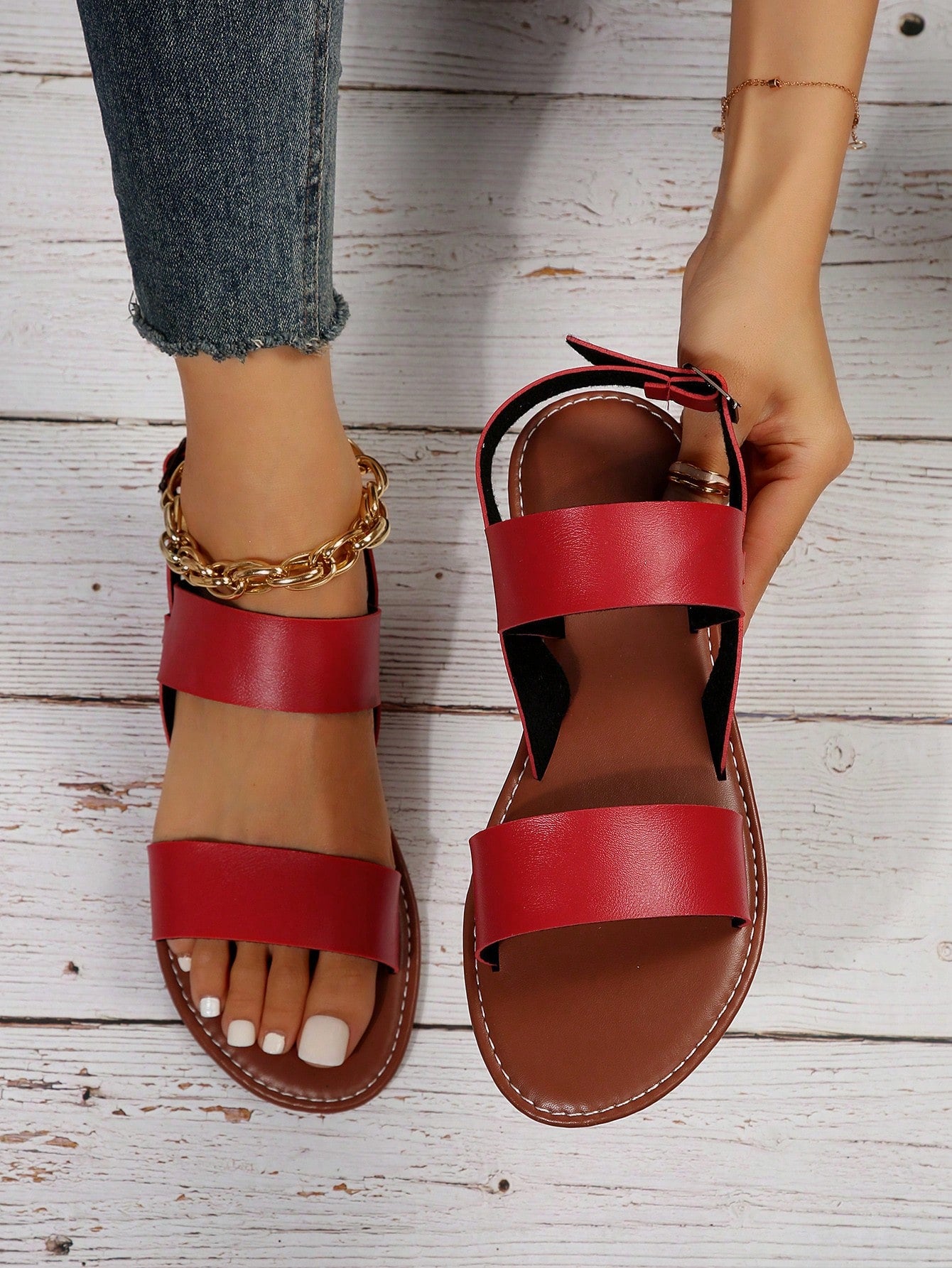 Women Minimalist Flat Sandals, Elegant Brown Slingback Sandals