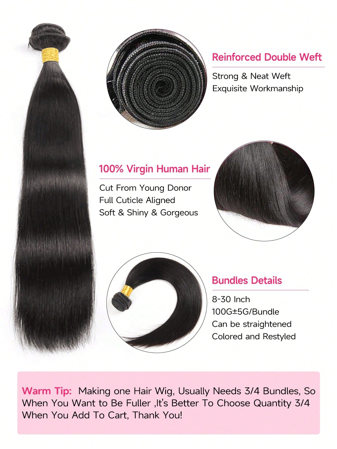 1pc Straight Bundles Natural Black Color Virgin Human Hair Remy Hair Weave