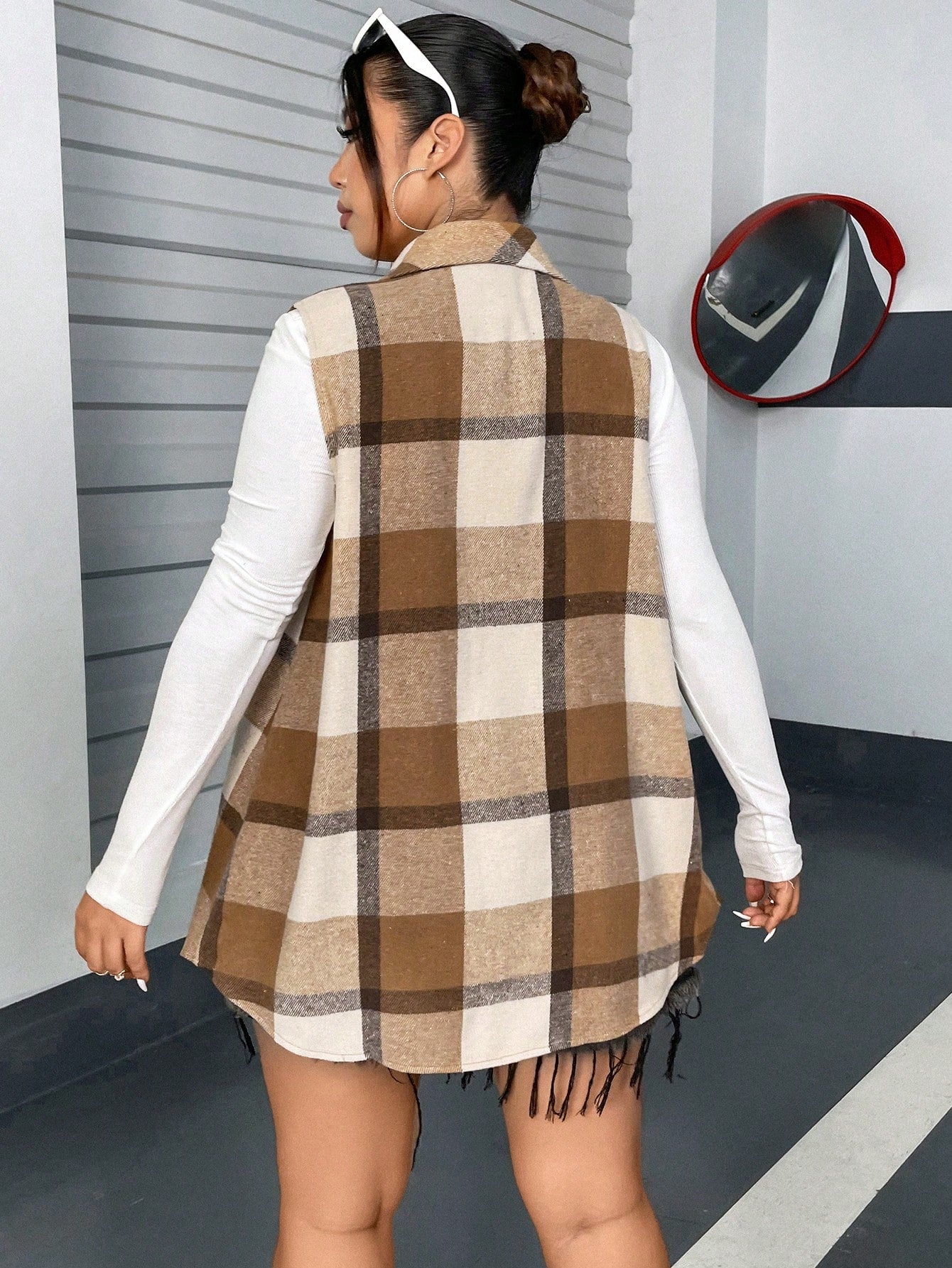 LUNE Plus Plaid Print Flap Detail Vest Coat