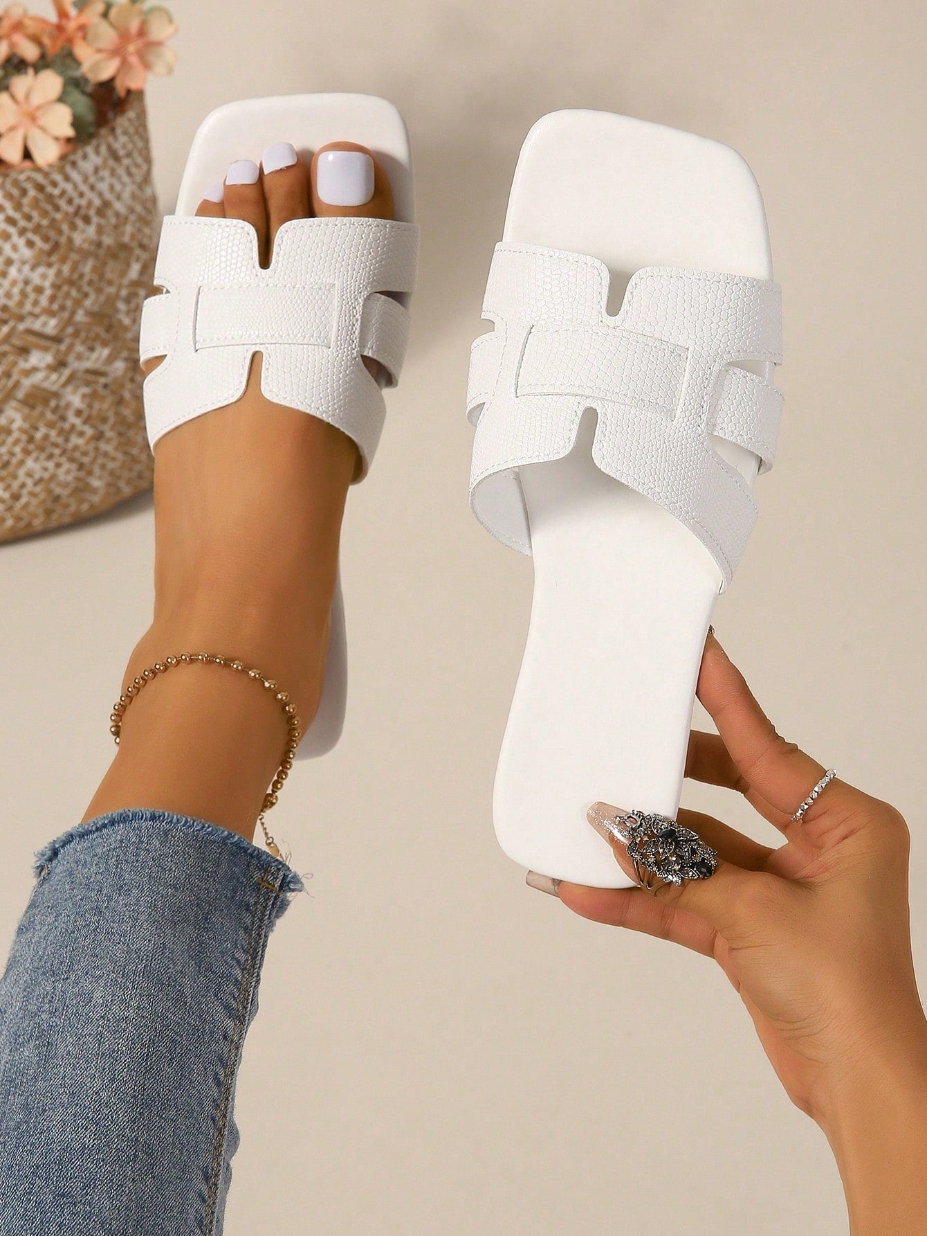 Women Black Snakeskin Embossed Slide Sandals, Elegant Open Toe Sandals