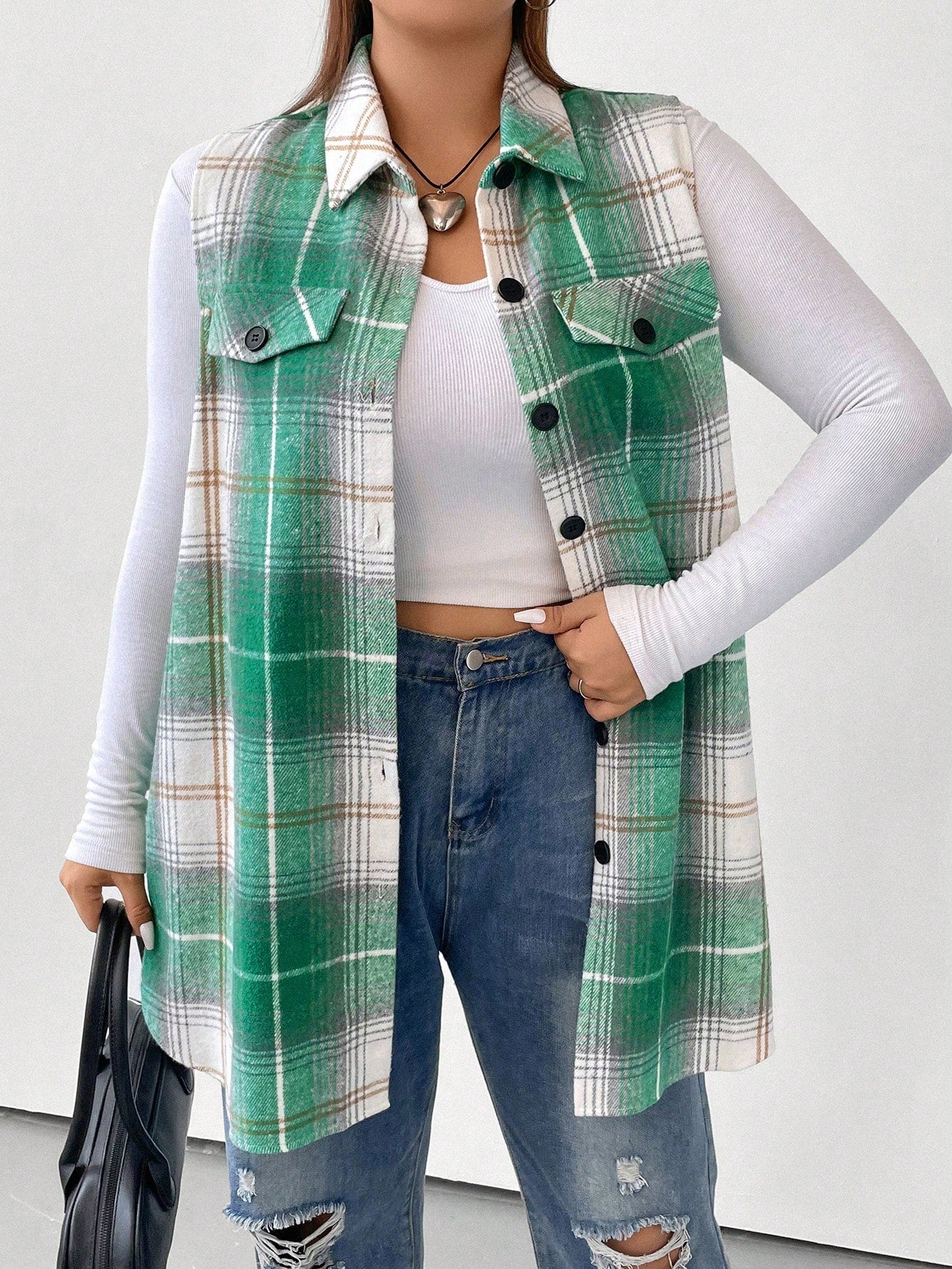 LUNE Plus Plaid Print Flap Detail Vest Coat