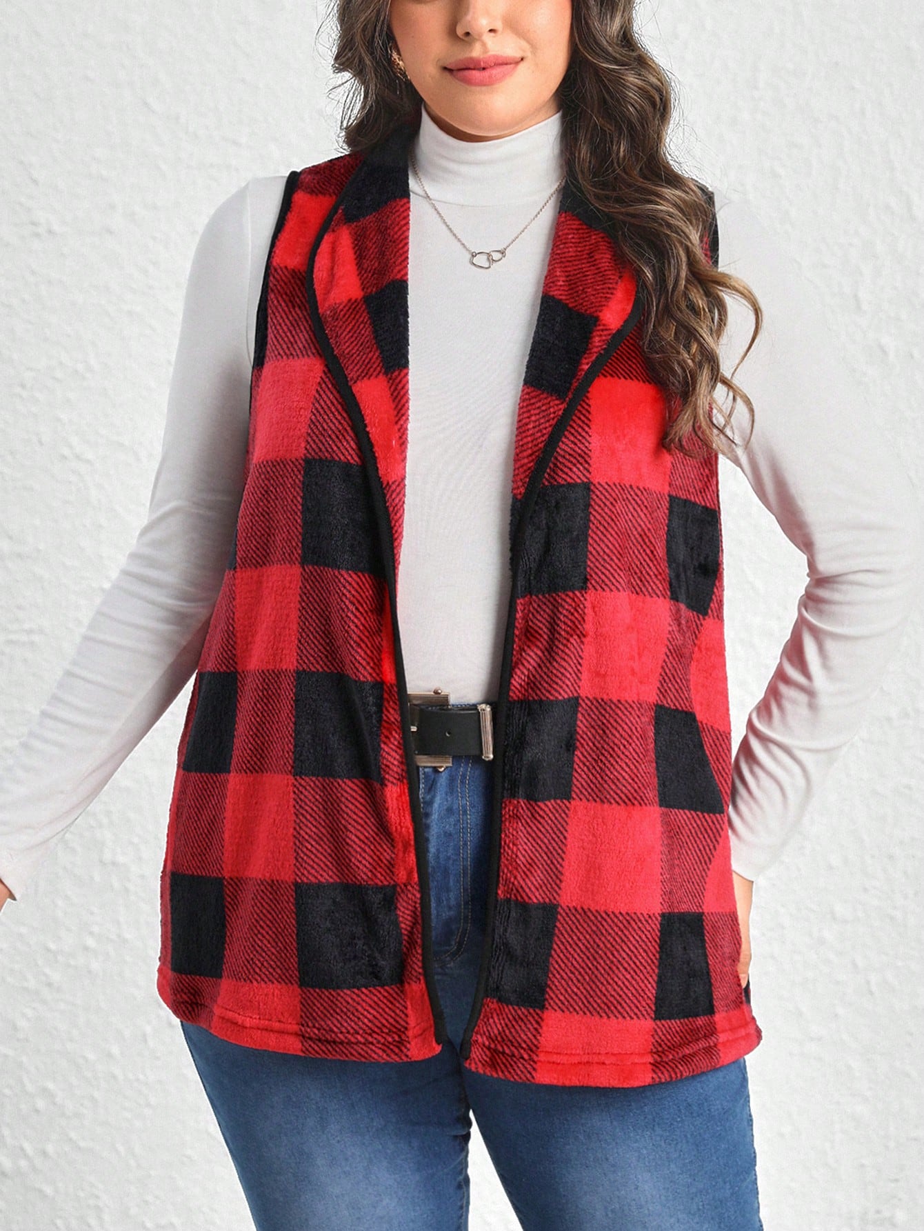 LUNE Plus Buffalo Plaid Print Open Front Vest Coat Without Tee
