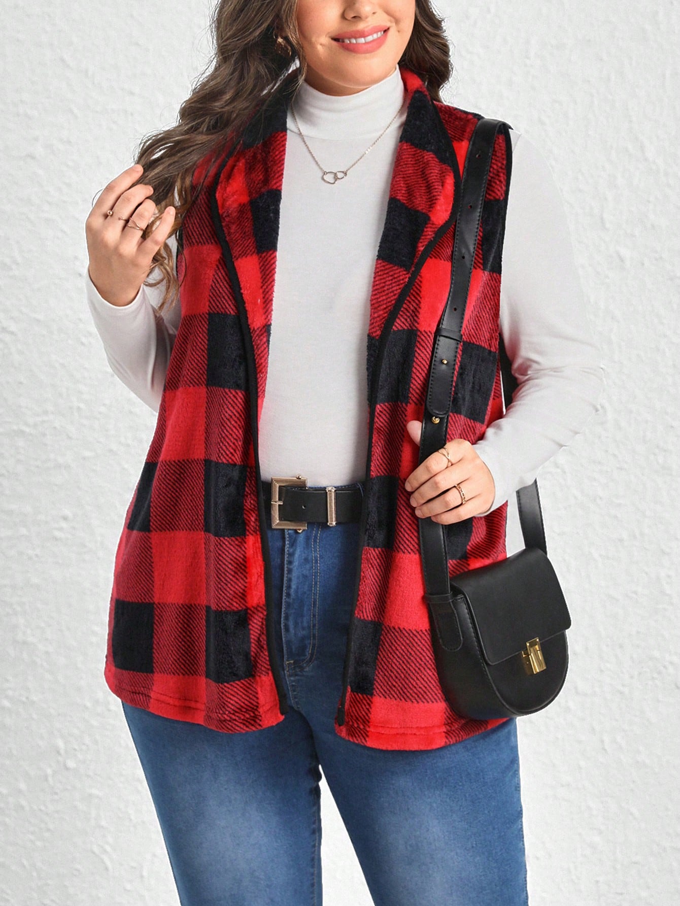 LUNE Plus Buffalo Plaid Print Open Front Vest Coat Without Tee