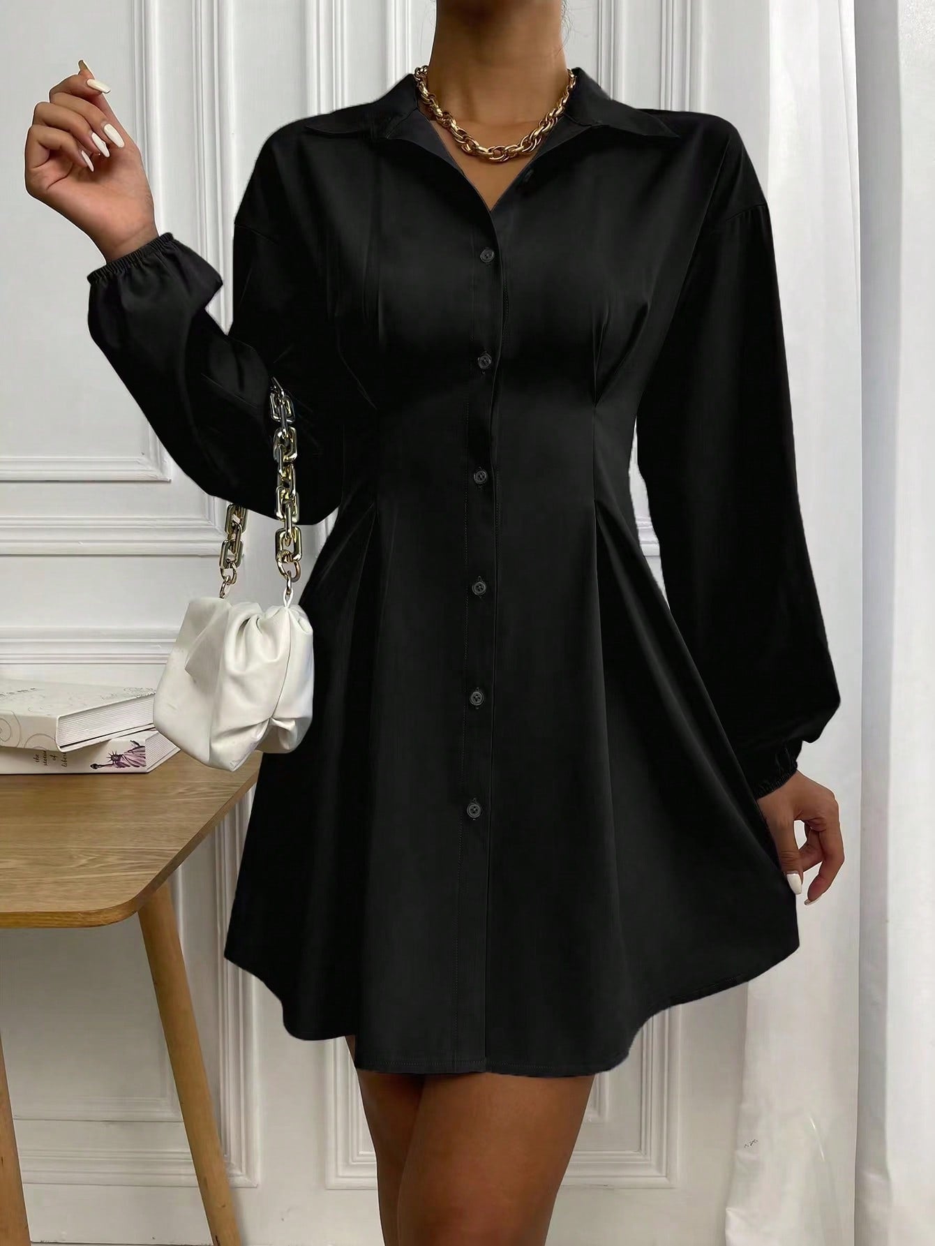 Frenchy Lantern Sleeve Fold Pleat Curved Hem Dress