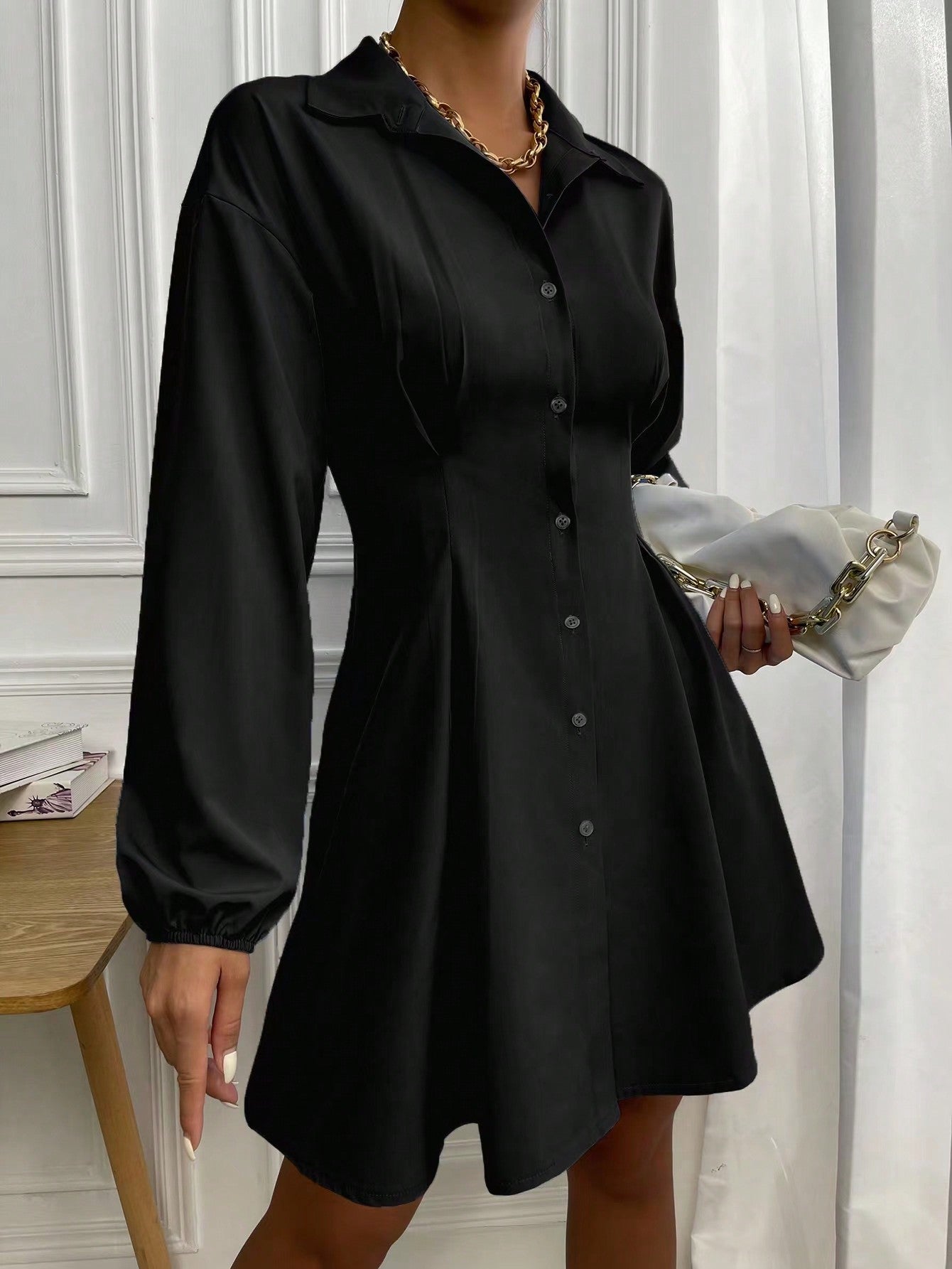 Frenchy Lantern Sleeve Fold Pleat Curved Hem Dress