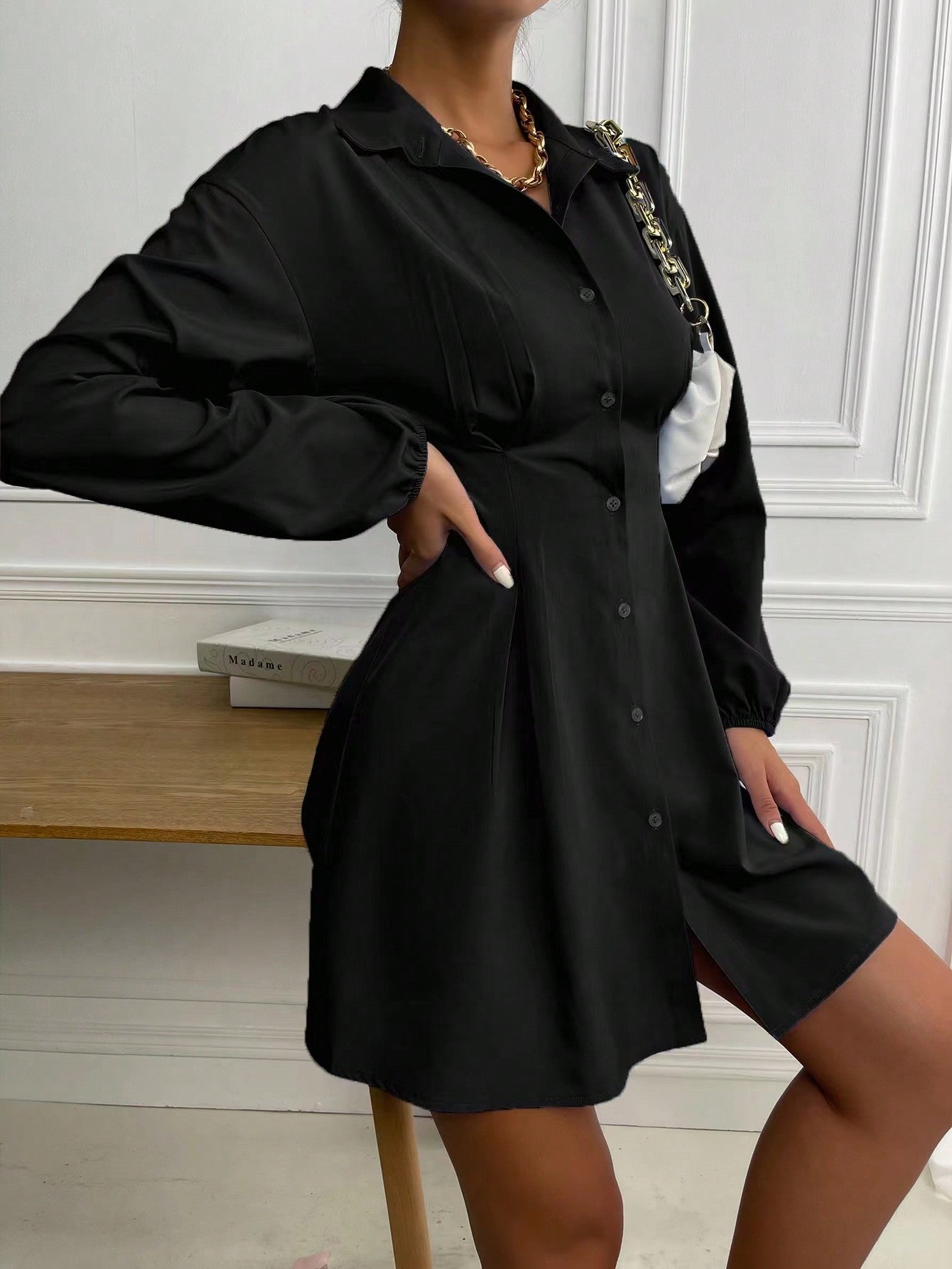 Frenchy Lantern Sleeve Fold Pleat Curved Hem Dress