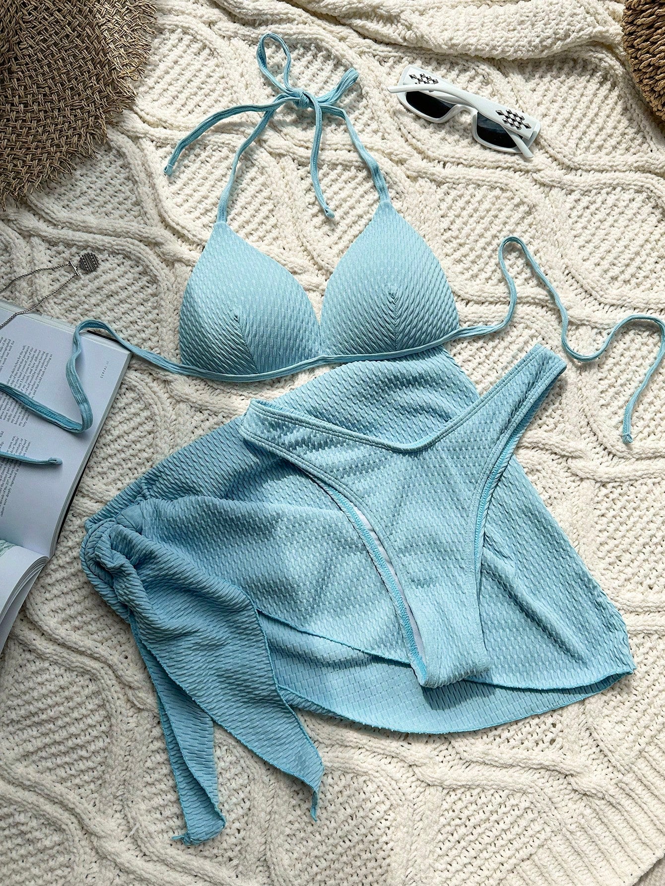 Swim Basics Textured Bikini Set Push Up Bra & Bikini Bottom & Cover Up 3 Piece Swimsuit