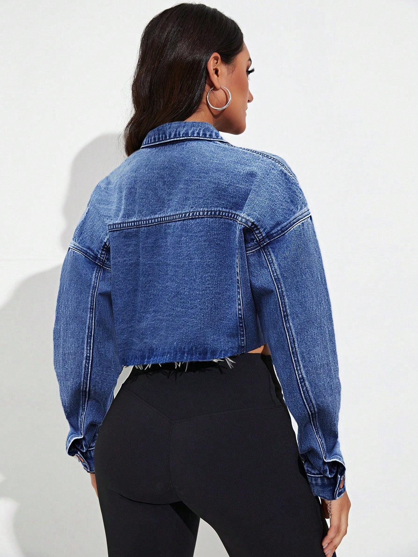 VCAY Cat Scratch Frayed Hem Drop Shoulder Crop Denim Jacket
