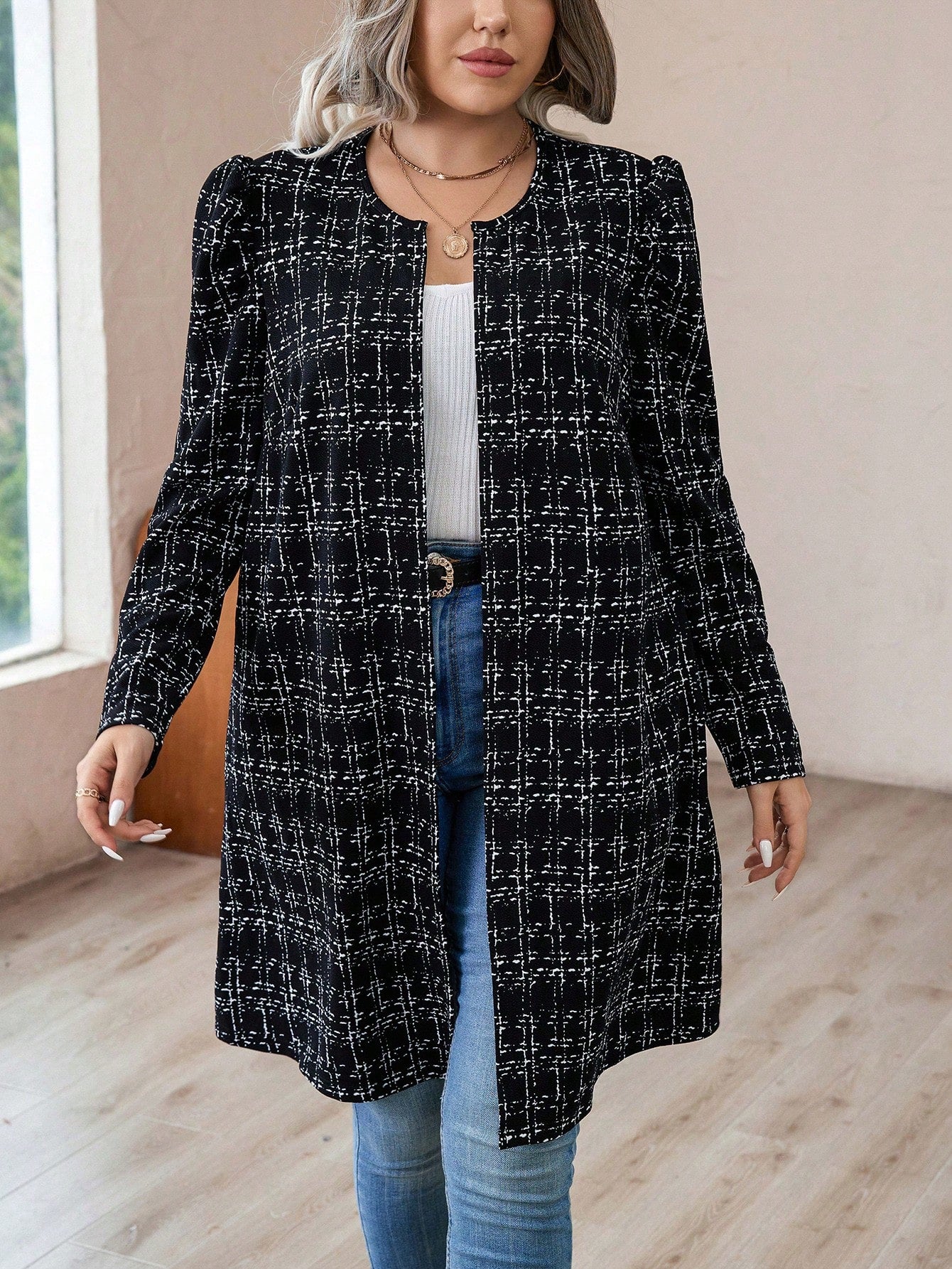 Clasi Plus Plaid Print Open Front Coat