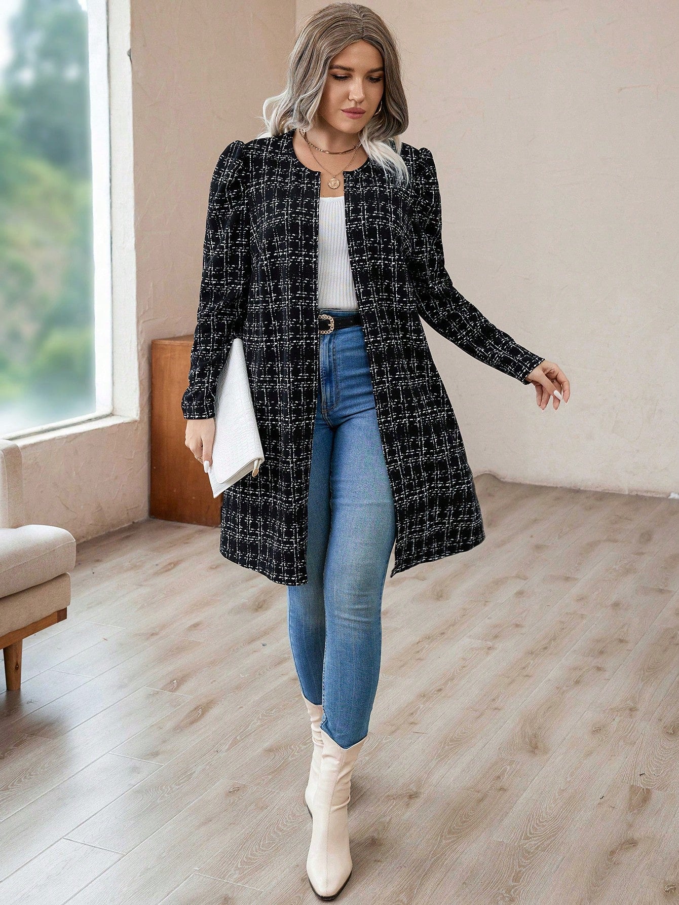 Clasi Plus Plaid Print Open Front Coat