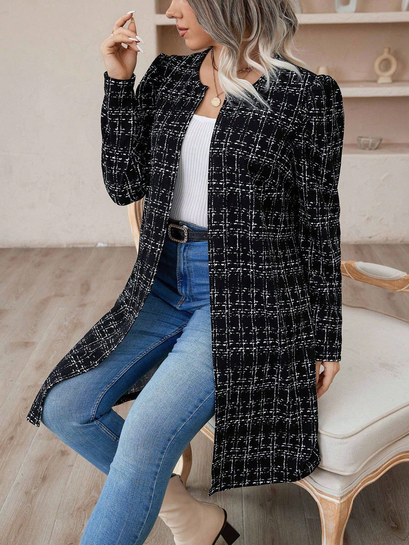 Clasi Plus Plaid Print Open Front Coat