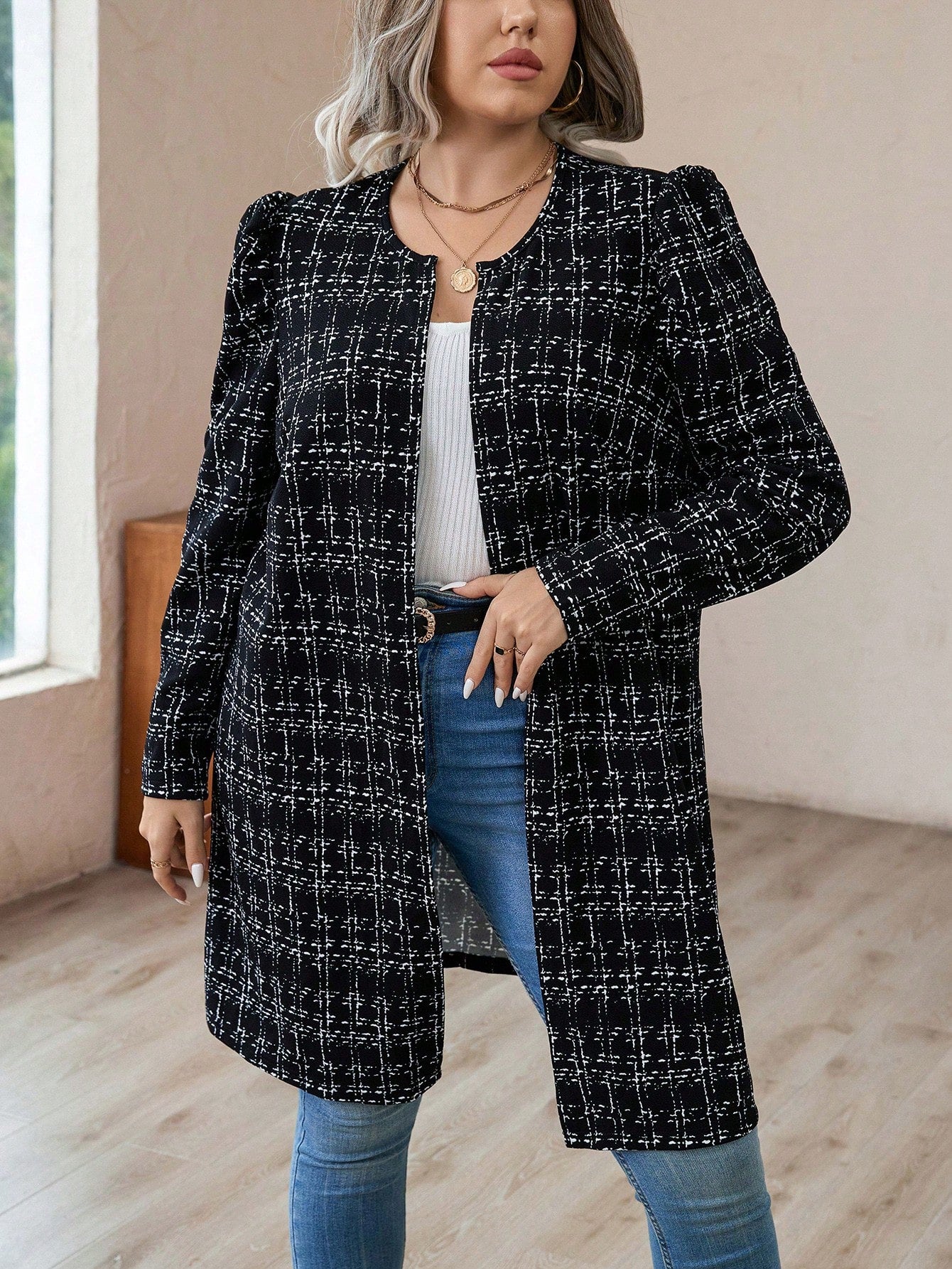 Clasi Plus Plaid Print Open Front Coat
