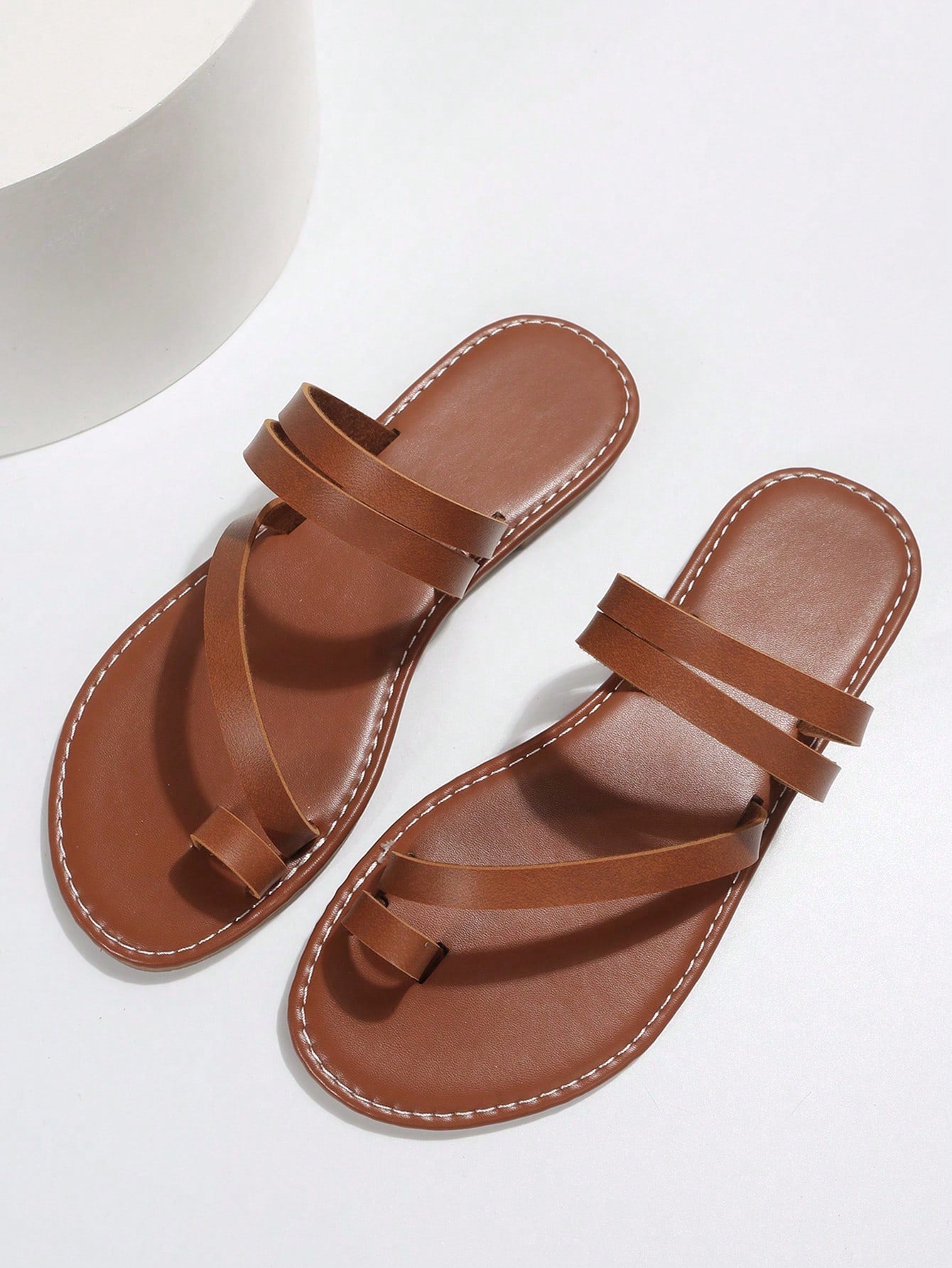 Women's Flat Sandals With Toe Ring, Casual Slip-on Strappy Anti-slip Slides, Outdoor Beach Slippers