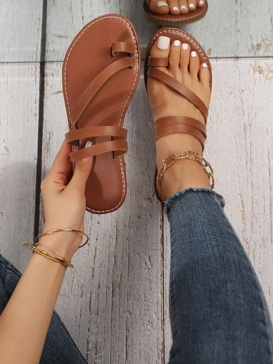 Women's Flat Sandals With Toe Ring, Casual Slip-on Strappy Anti-slip Slides, Outdoor Beach Slippers