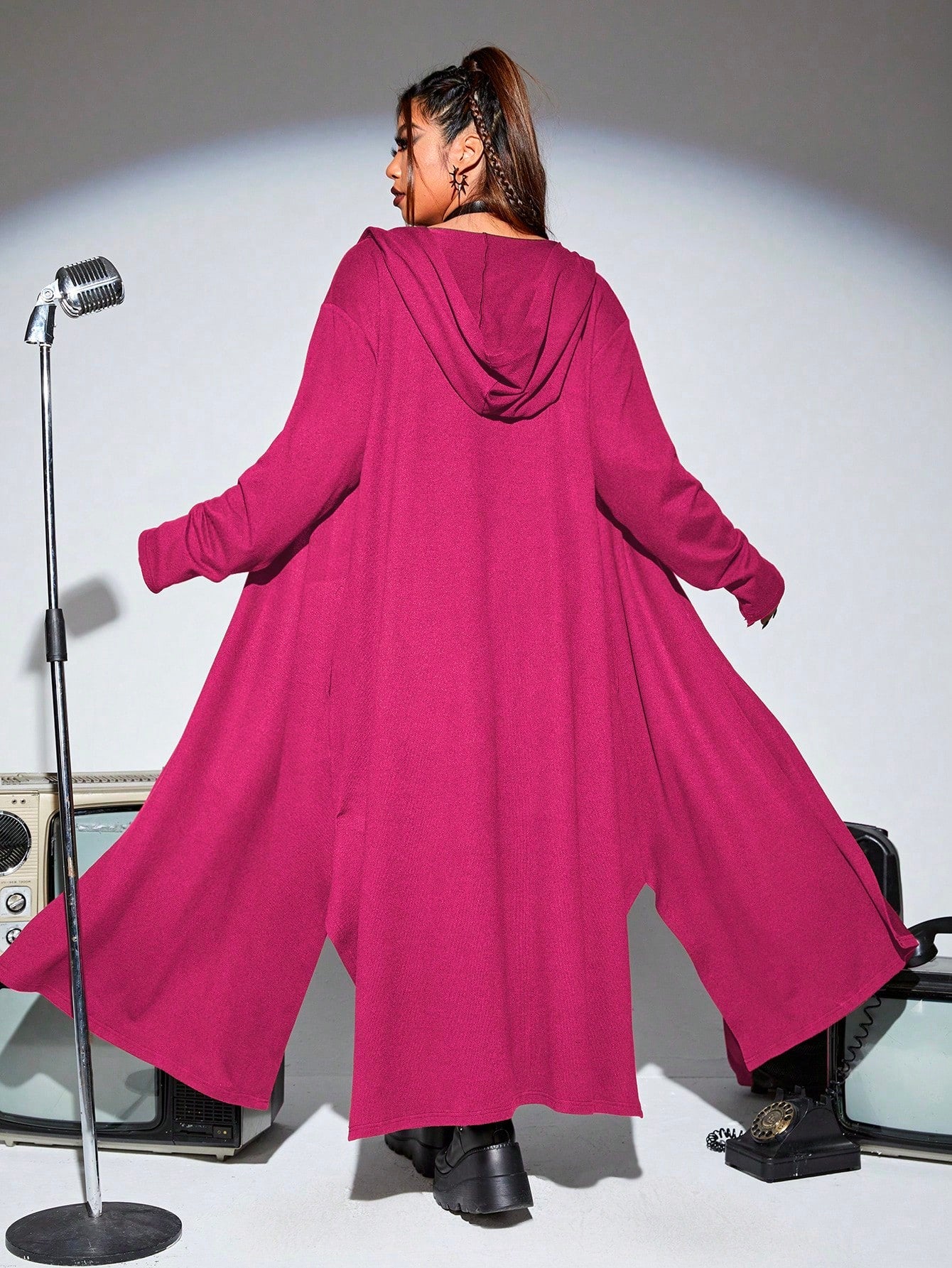 PUNK Plus Solid Open Front Hooded Coat