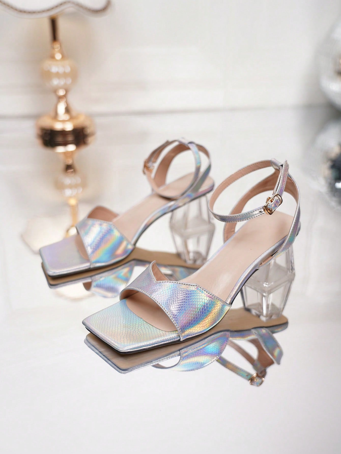 Fashionable Women's High-heeled Sandals - Laser Light Blue, Thick Heel, Square Headed, Snake Print, Party Or Career