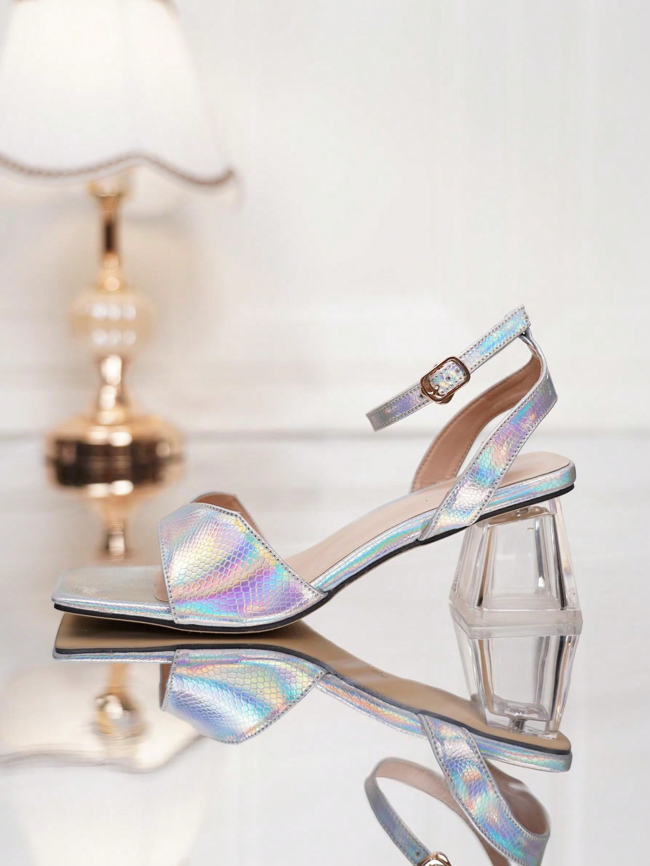 Fashionable Women's High-heeled Sandals - Laser Light Blue, Thick Heel, Square Headed, Snake Print, Party Or Career