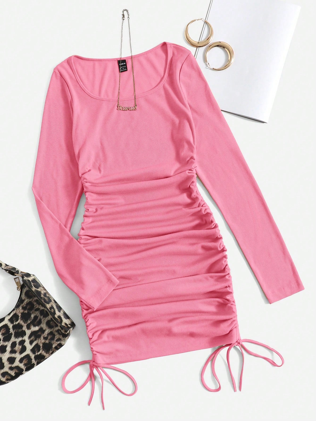 EZwear Scoop Neck Drawstring Side Bodycon Dress