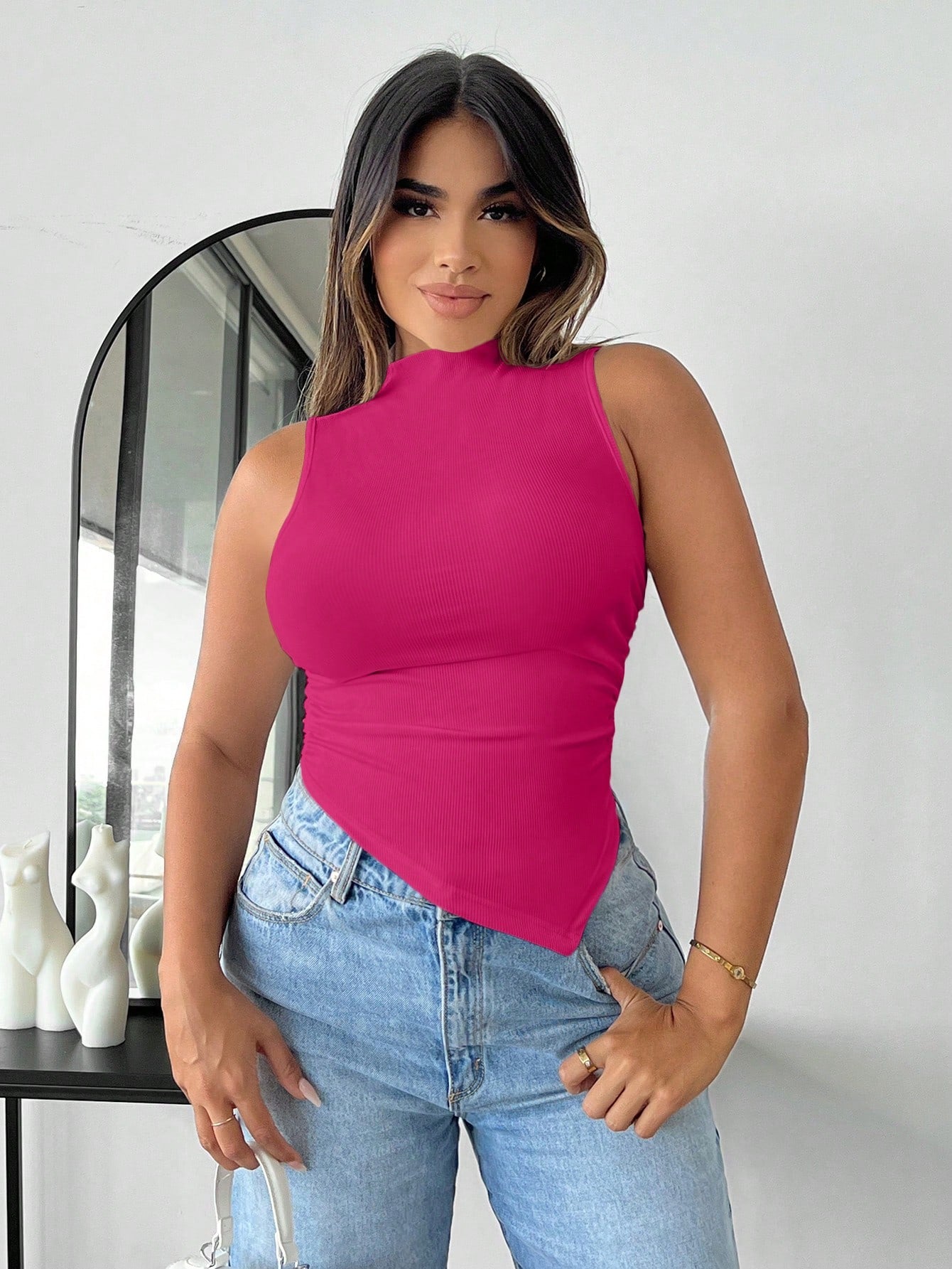 SXY Mock Neck Asymmetrical Hem Tank Top