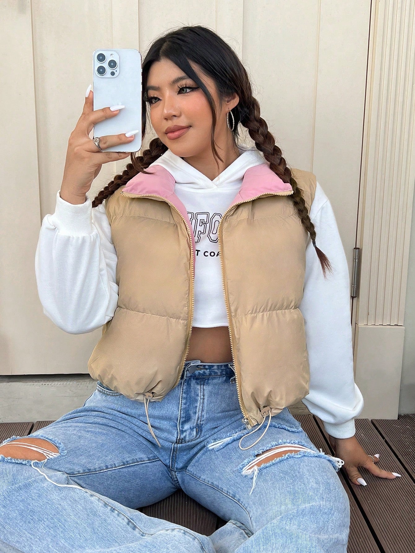 Qutie Plus Drawstring Hem Zipper Vest Puffer Coat