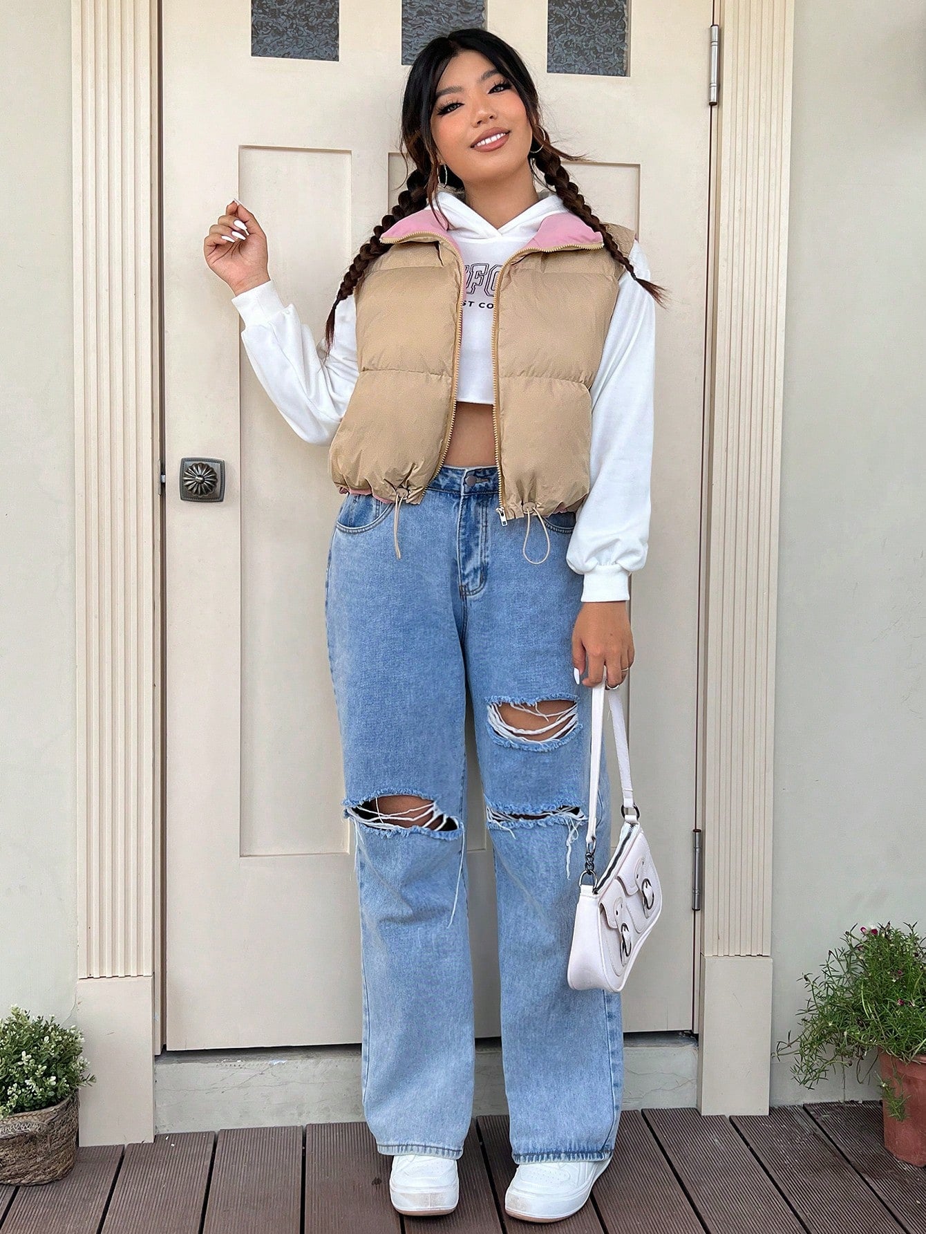 Qutie Plus Drawstring Hem Zipper Vest Puffer Coat